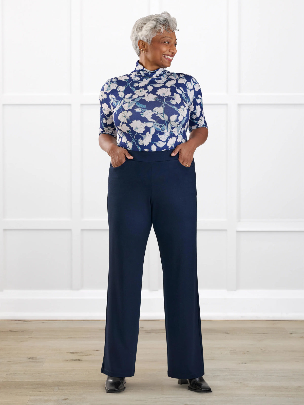 Avalynn mid rise straight leg pant for women in Navy on model Keethai, size M @Keethai-M