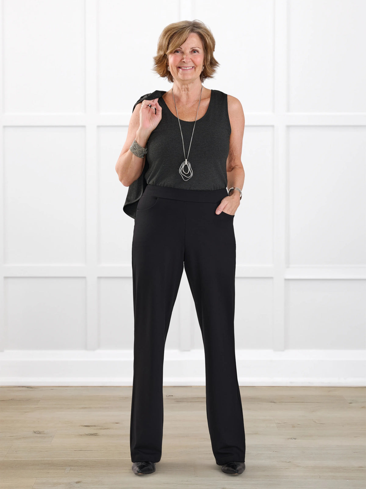 Avalynn mid rise straight leg pant for women in Black on model Donna, size S @Donna-S