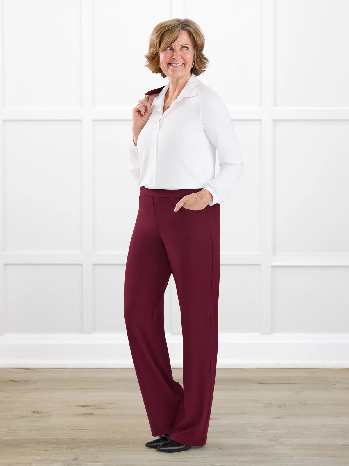 Avalynn mid rise straight leg pant for women in Merlot on model Donna, size S @Donna-S