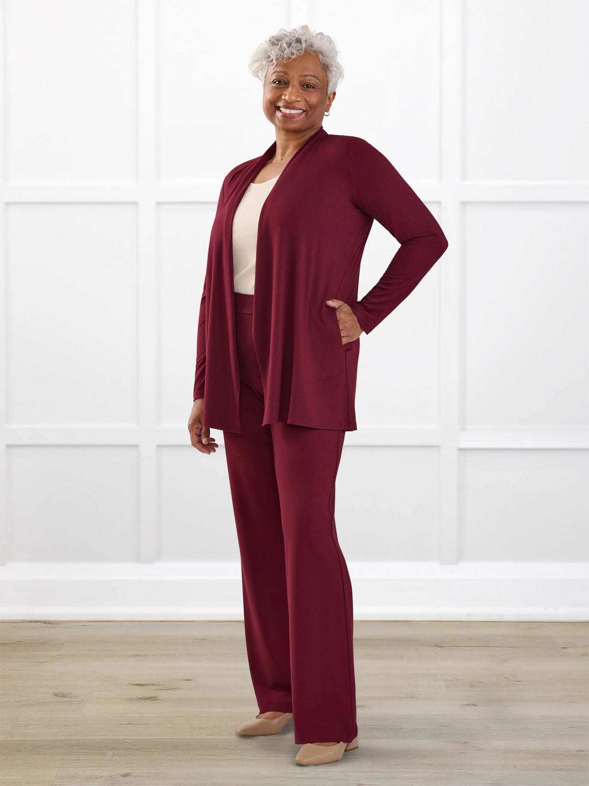 Avalynn mid rise straight leg pant for women in Merlot on model Keethai, size M @Keethai-M