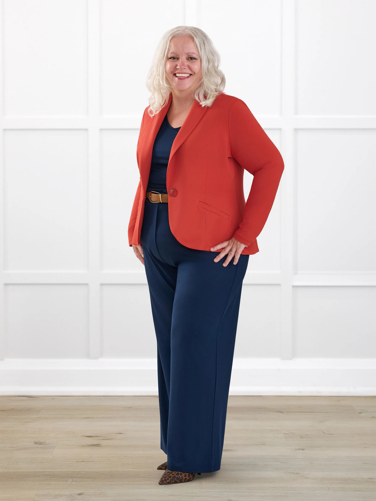 Avalynn mid rise straight leg pant for women in Navy on model Colleen, size XXL @Colleen-XXL