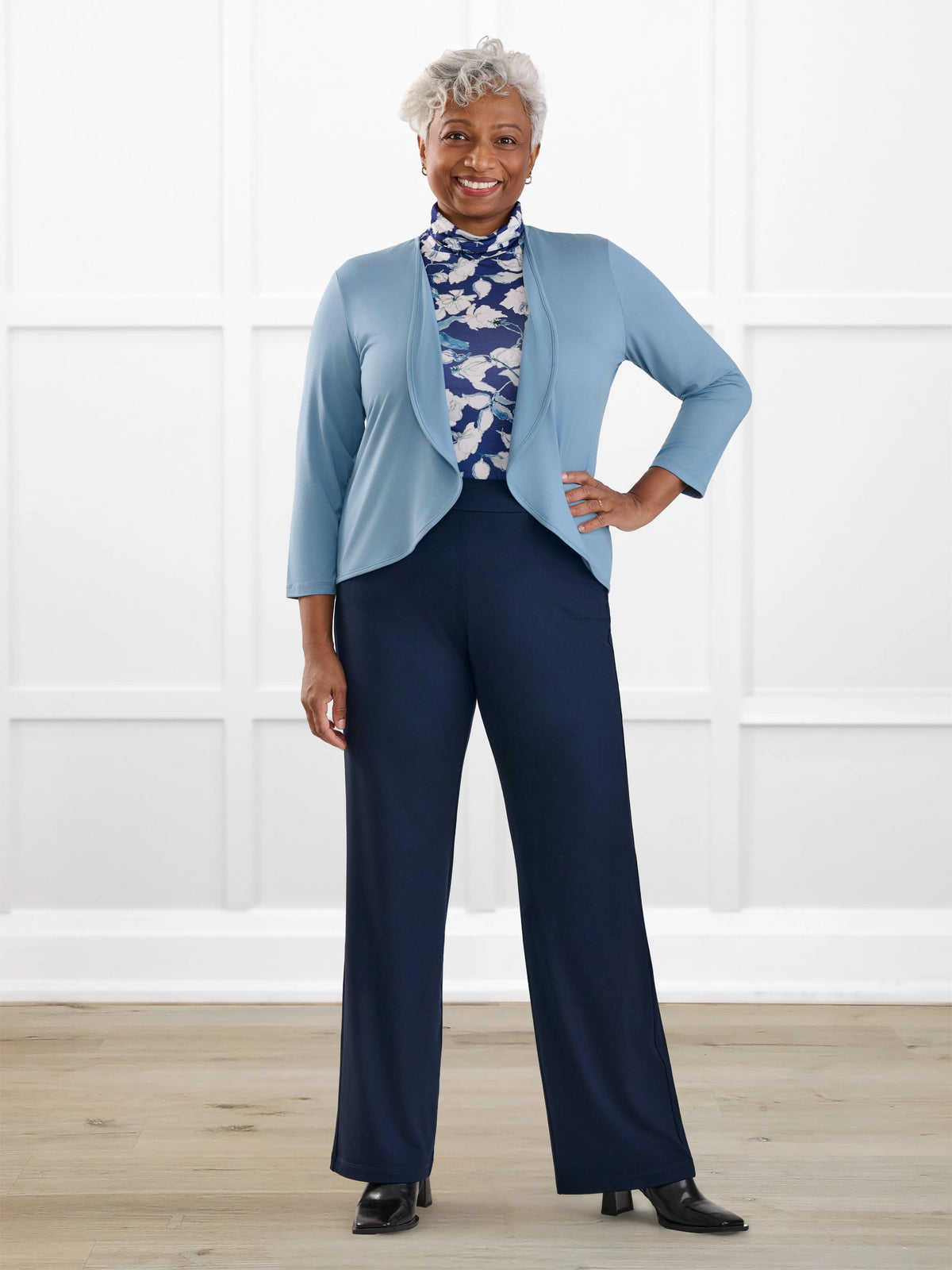 Avalynn mid rise straight leg pant for women in Navy on model Keethai, size M @Keethai-M