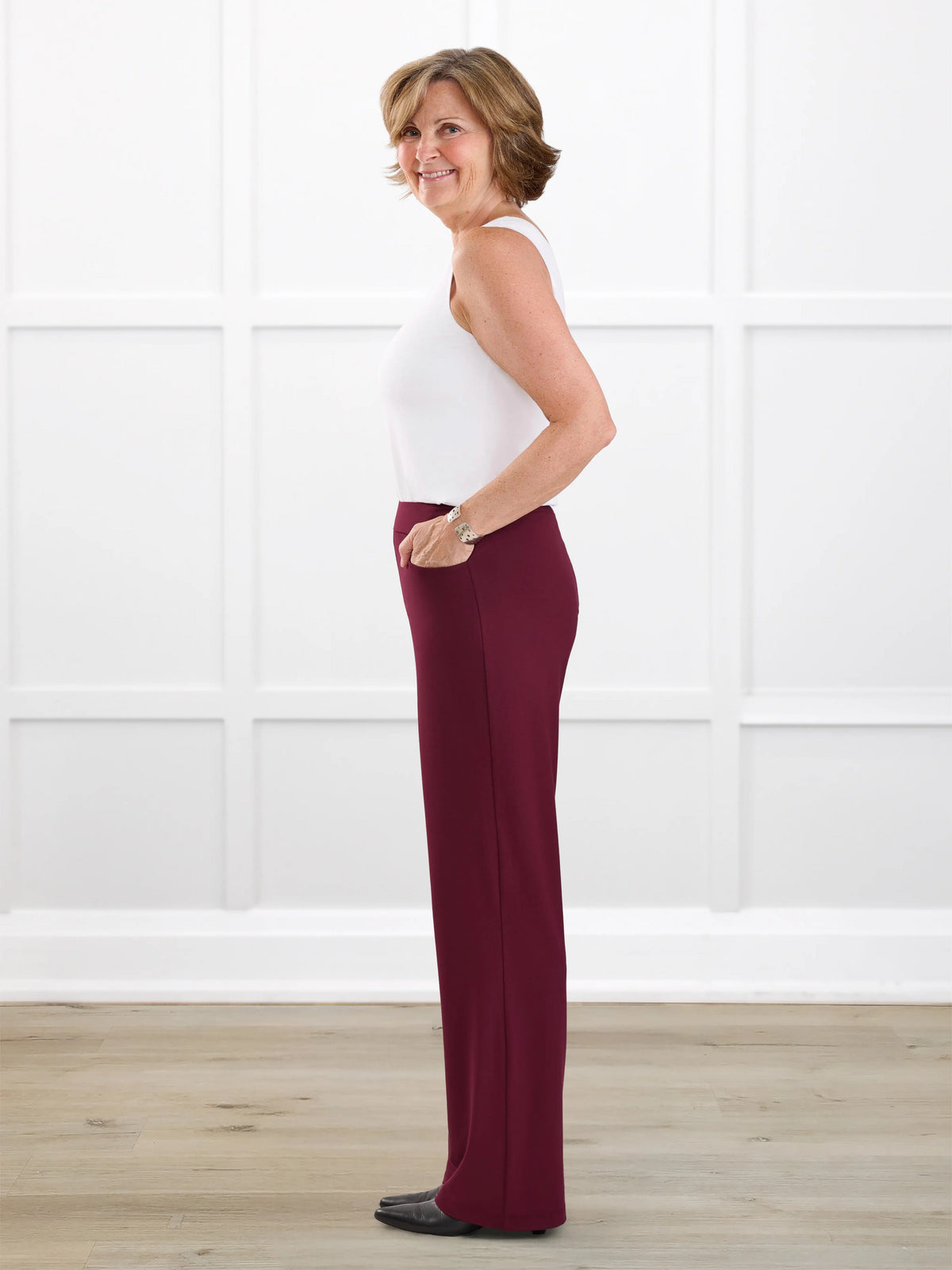 Avalynn mid rise straight leg pant for women in Merlot on model Donna, size S @Donna-S