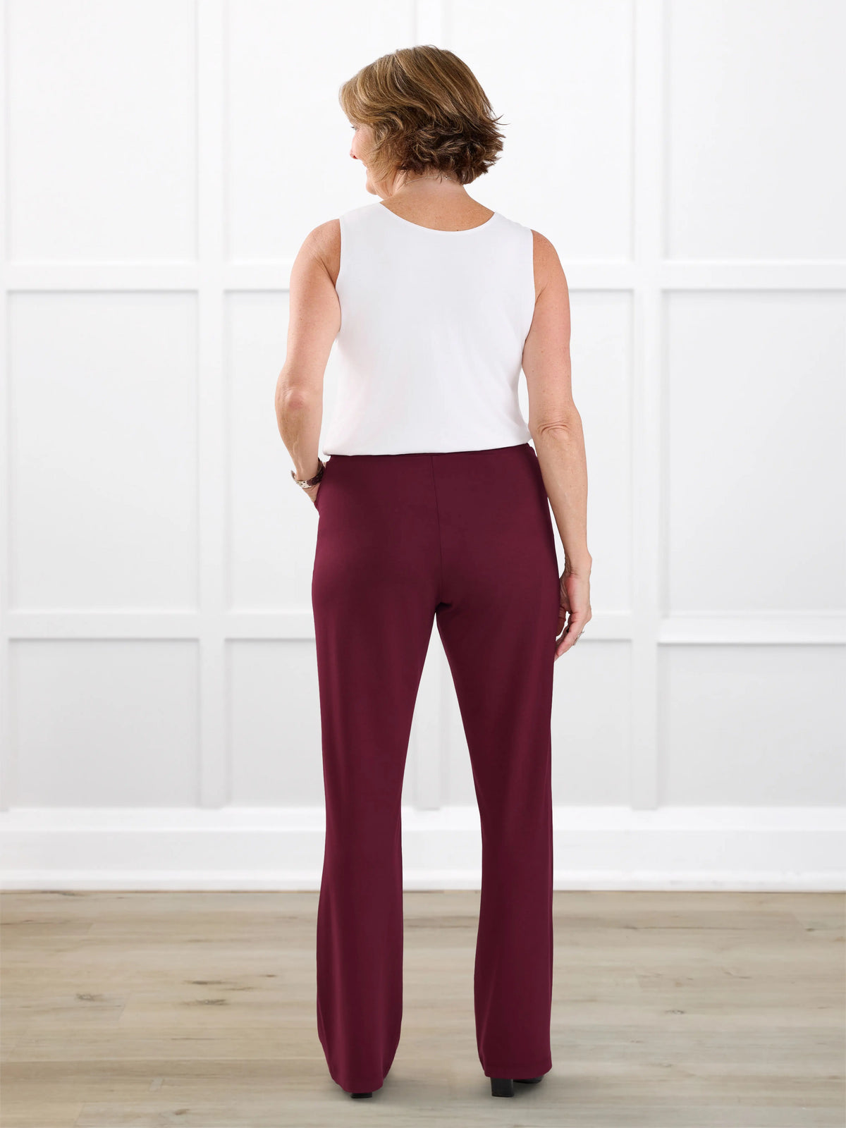 Avalynn mid rise straight leg pant for women in Merlot on model Donna, size S @Donna-S