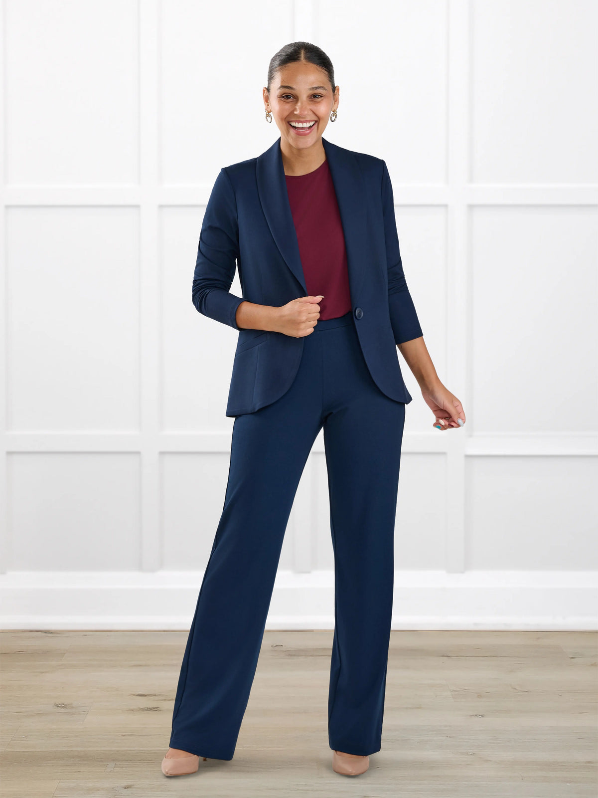 Avalynn mid rise straight leg pant for women in Navy on model Meron, size XS @Meron-XS