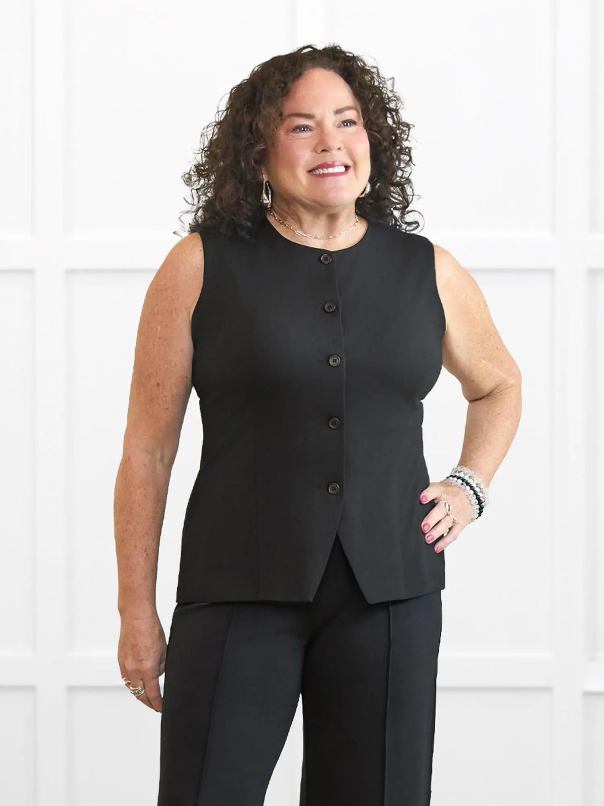 Bibi high neck tailored vest for women in Black on model Kerri, size M Petite @Kerri-M-petite