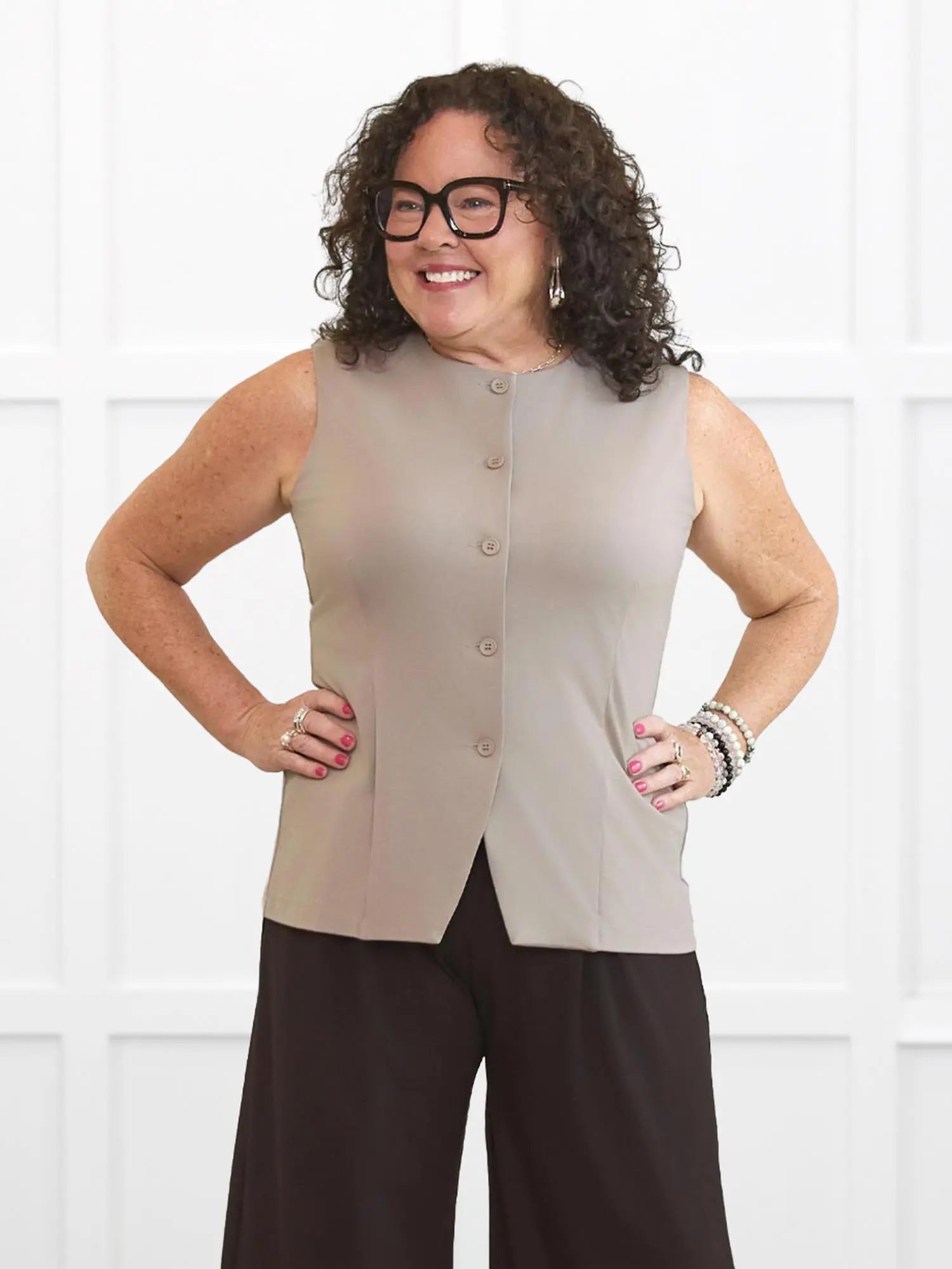 Bibi high neck tailored vest for women in Portobello on model Kerri, size M Petite @Kerri-M-petite