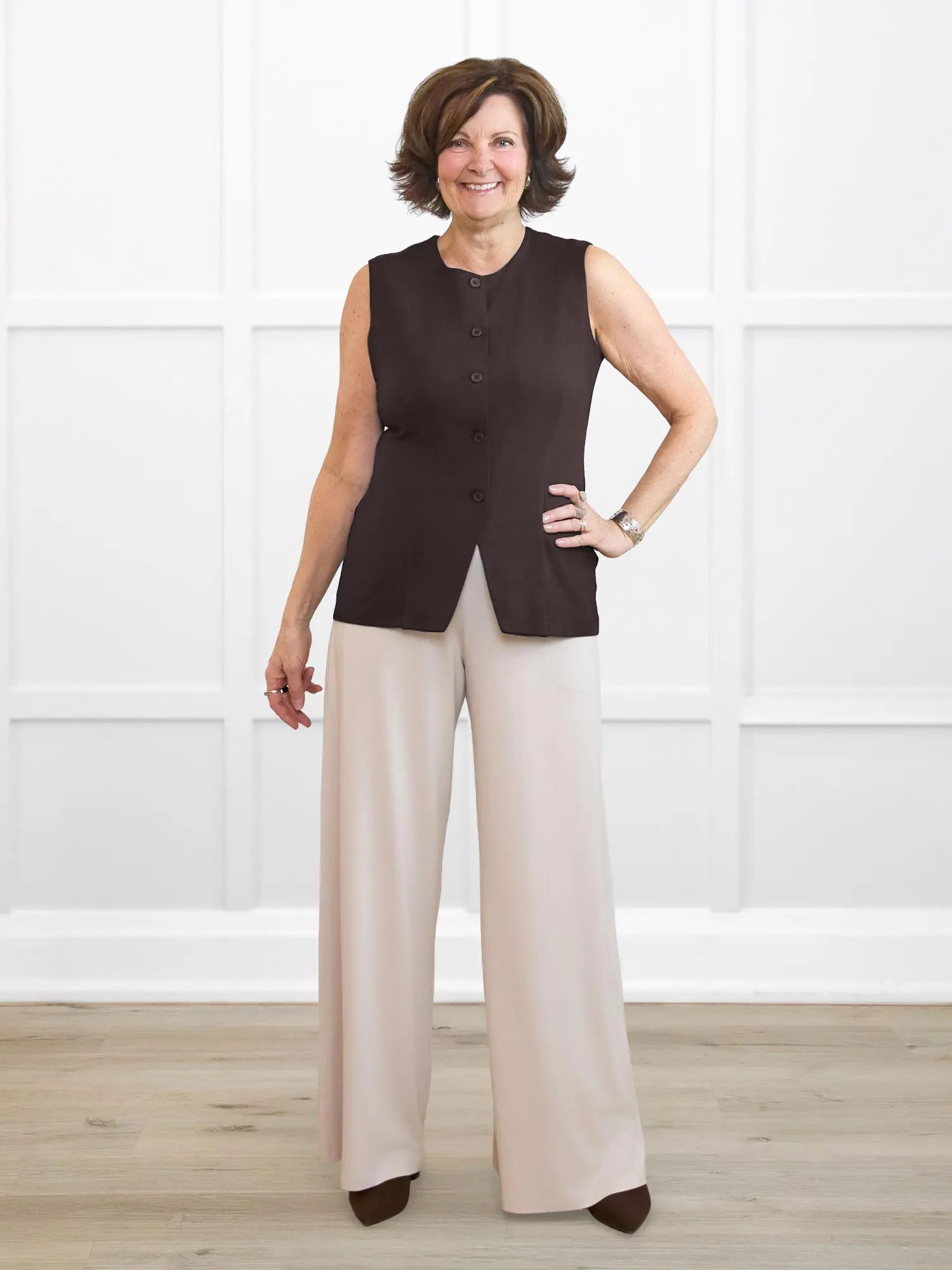 Bibi high neck tailored vest for women in Dark chocolate on model Donna, size S Regular @Donna-S-regular