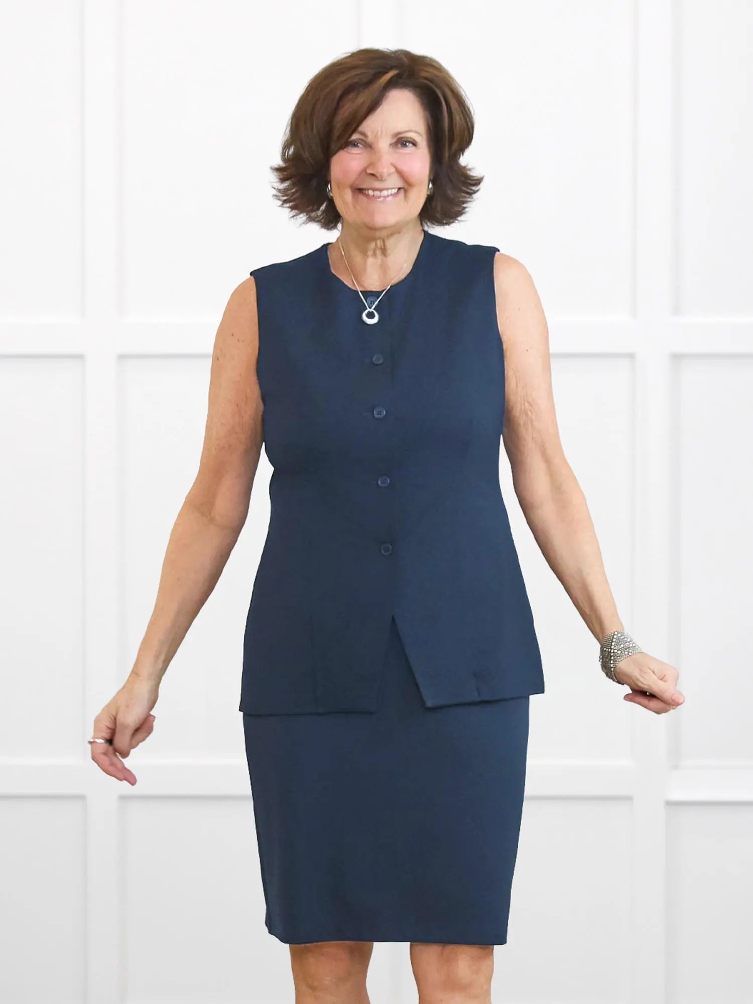 Bibi high neck tailored vest for women in Navy on model Donna, size S Regular @Donna-S-regular