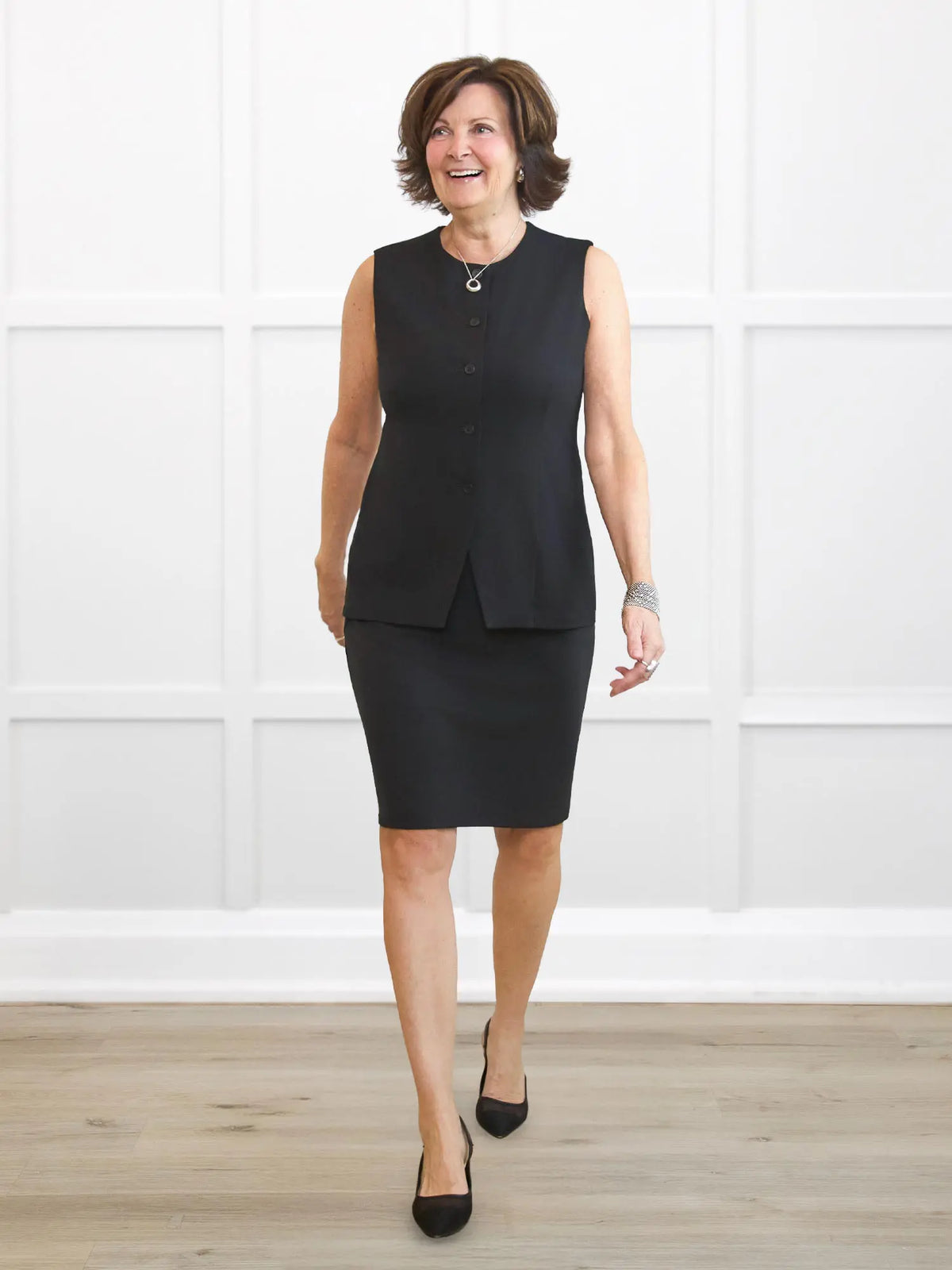 Bibi high neck tailored vest for women in Black on model Donna, size S Regular @Donna-S-regular