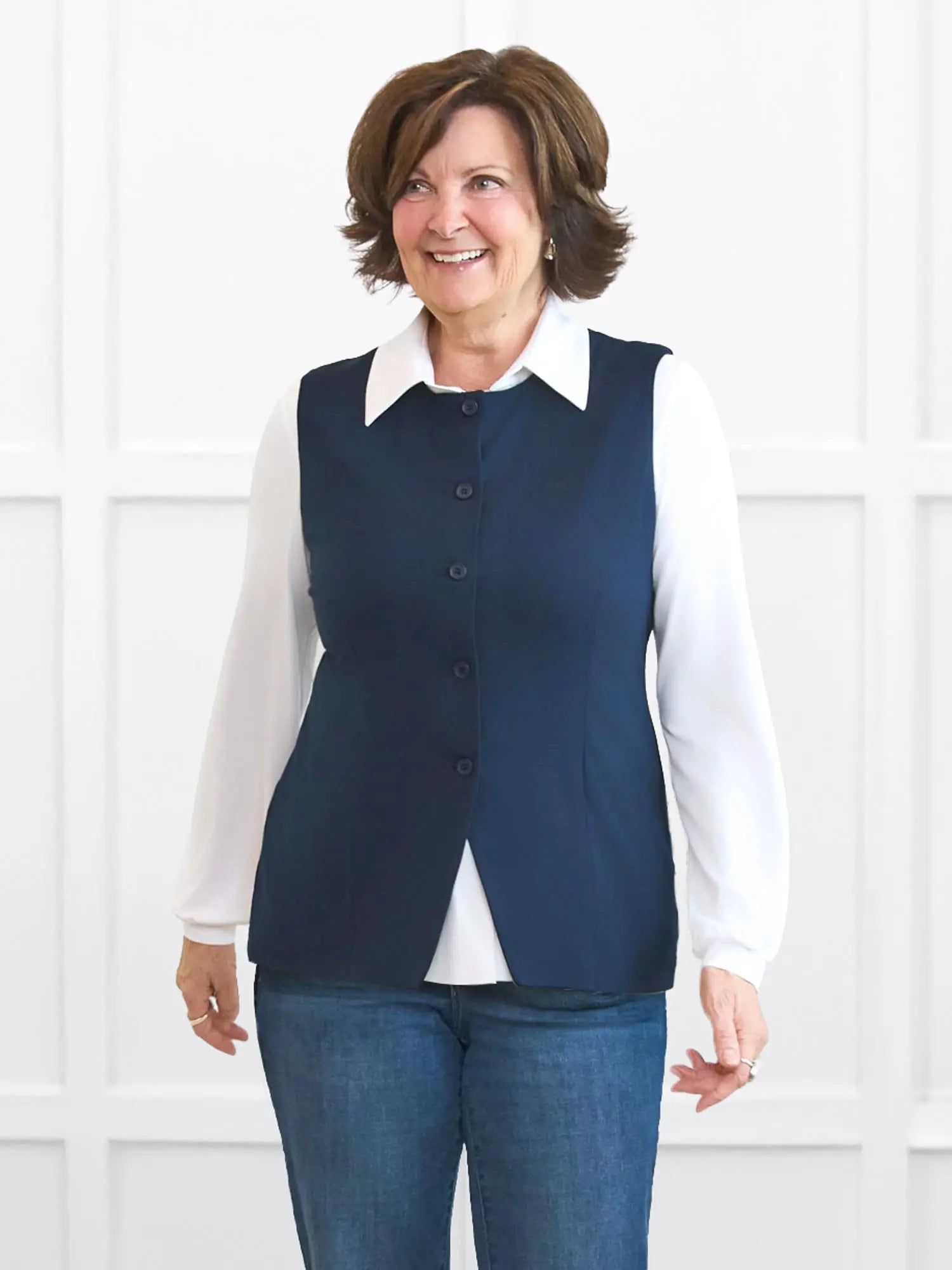 Bibi high neck tailored vest for women in Navy on model Donna, size S Regular @Donna-S-regular