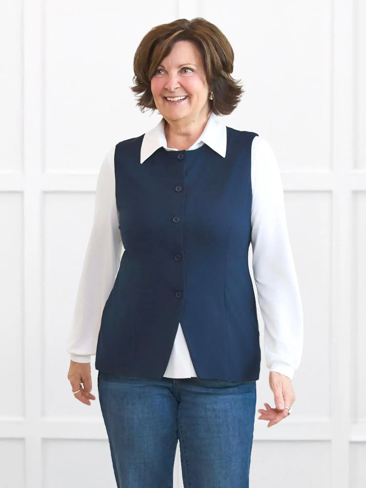 Bibi high neck tailored vest for women in Navy on model Donna, size S Regular @Donna-S-regular
