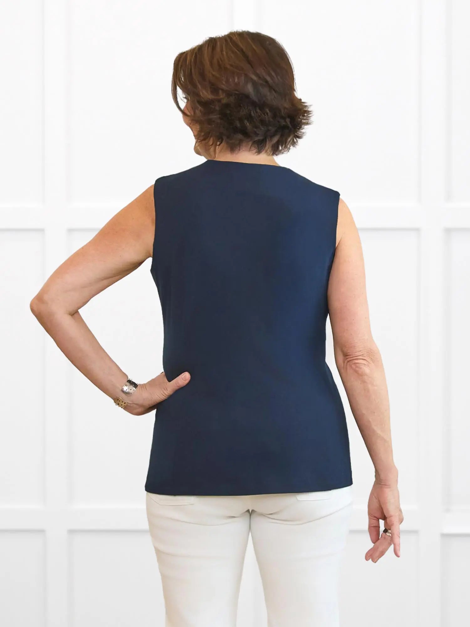 Bibi high neck tailored vest for women in Navy on model Donna, size S Regular @Donna-S-regular