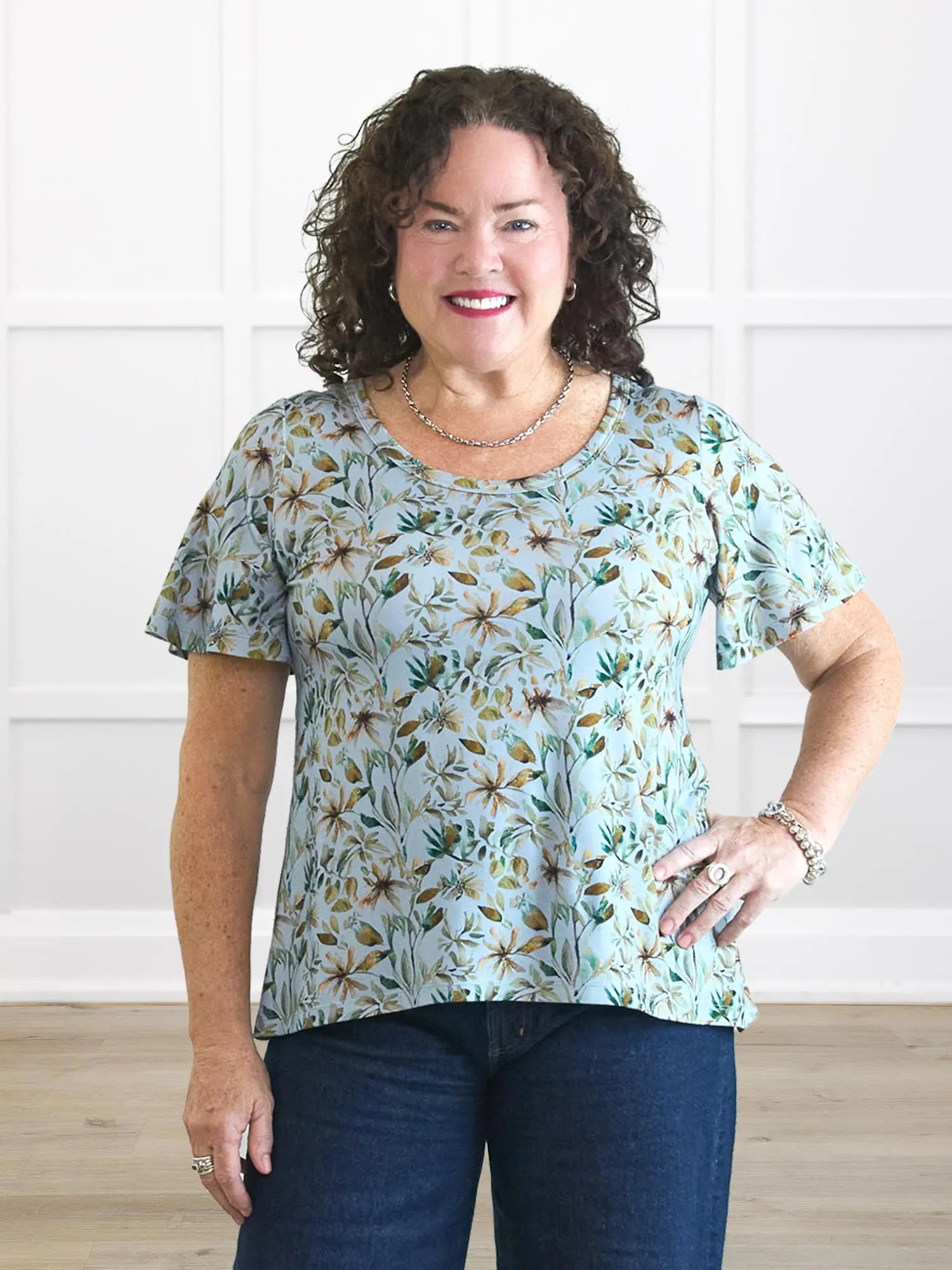 Brielle flutter sleeve top 00 in Forest veil on model Kerri, size M @Kerri-M