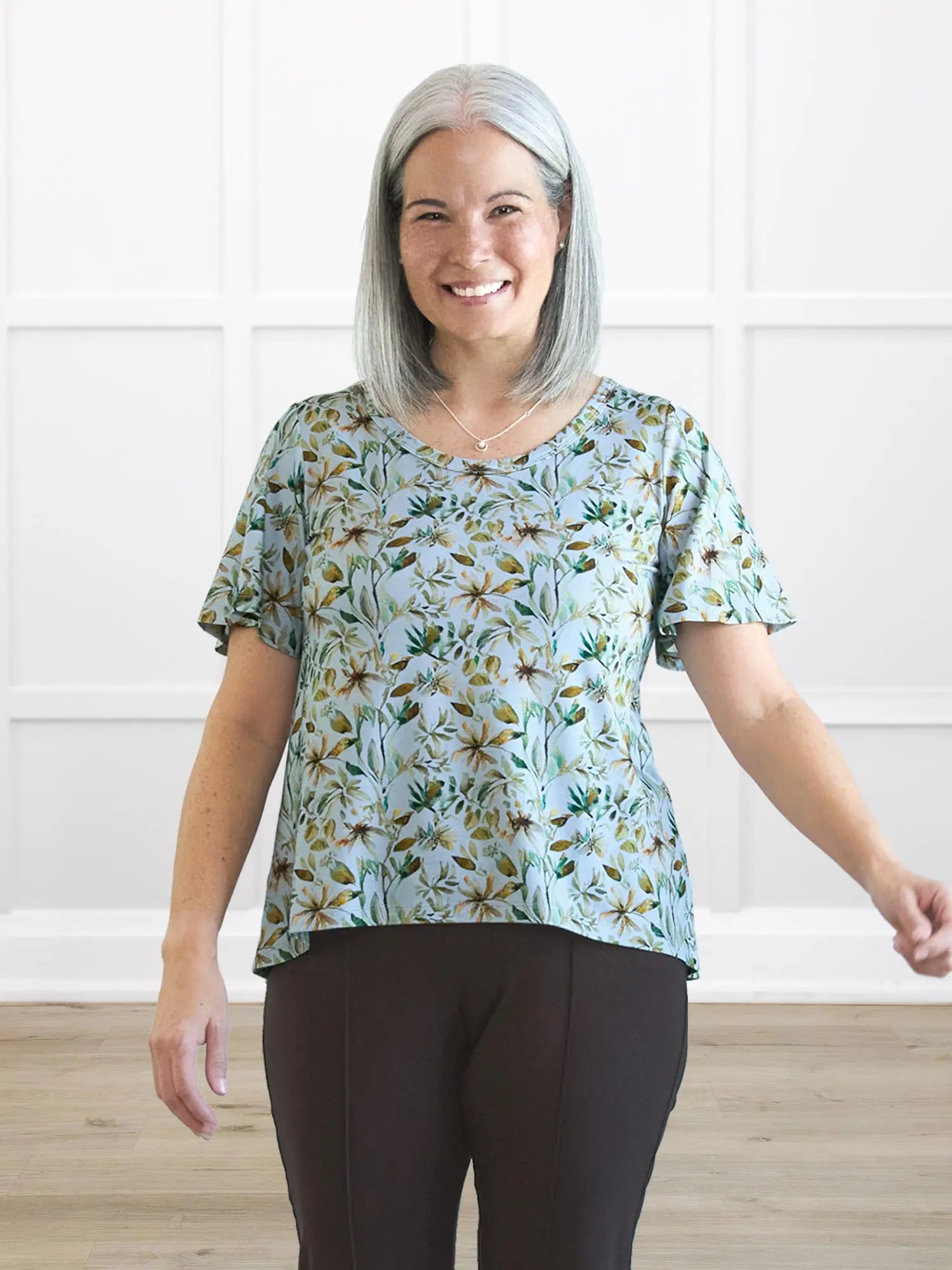 Brielle flutter sleeve top 00 in Forest veil on model Kerri, size S @Kerri-S