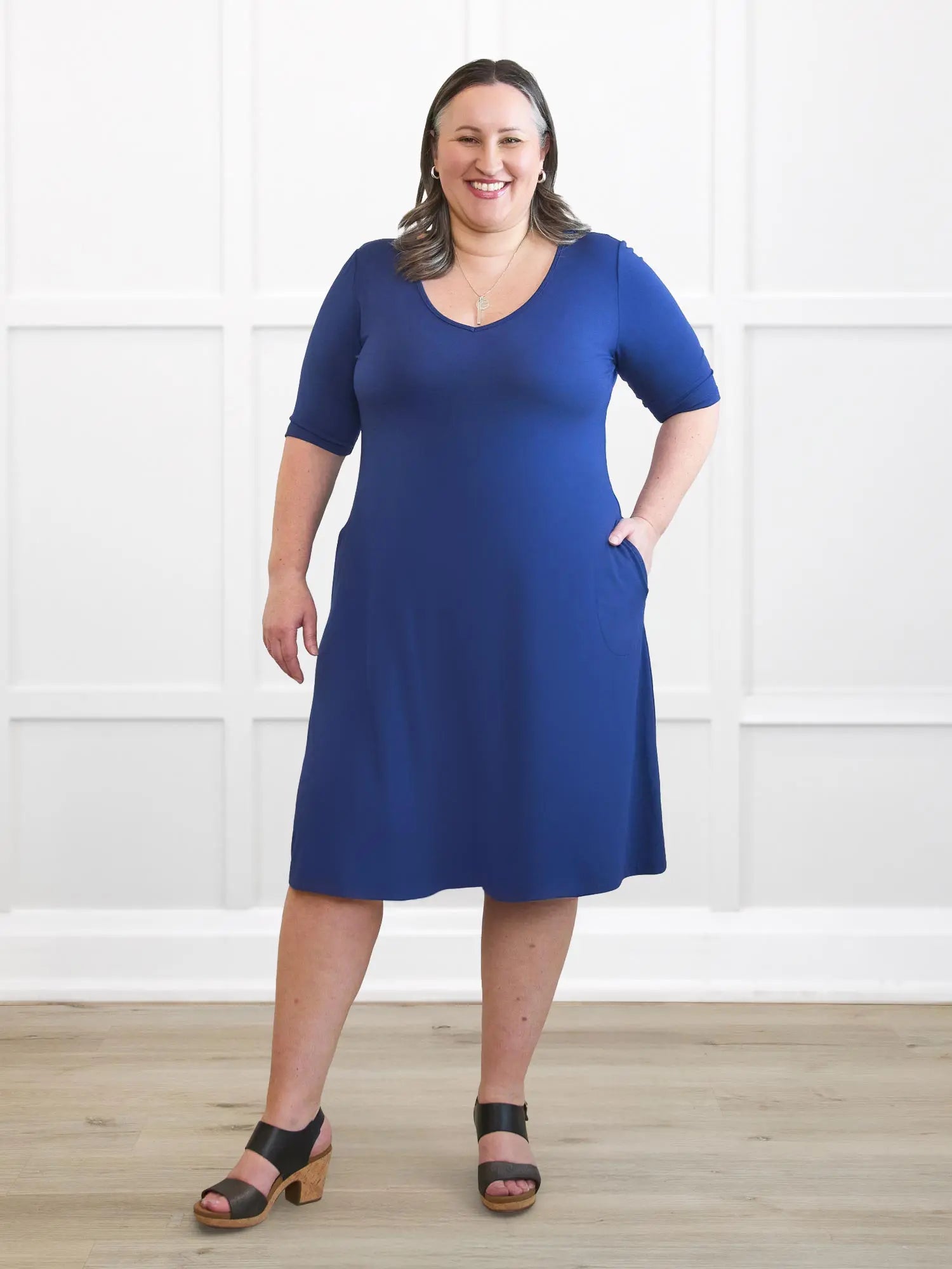 Charlotte half sleeve pocket dress for women 00 in Marine blue on model Cristina, size XXL @Cristina-XXL