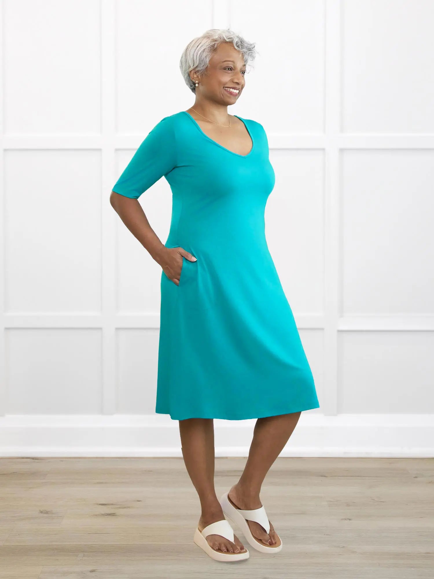 Charlotte half sleeve pocket dress for women in Sea glass on model Keethai, size M @Keethai-M
