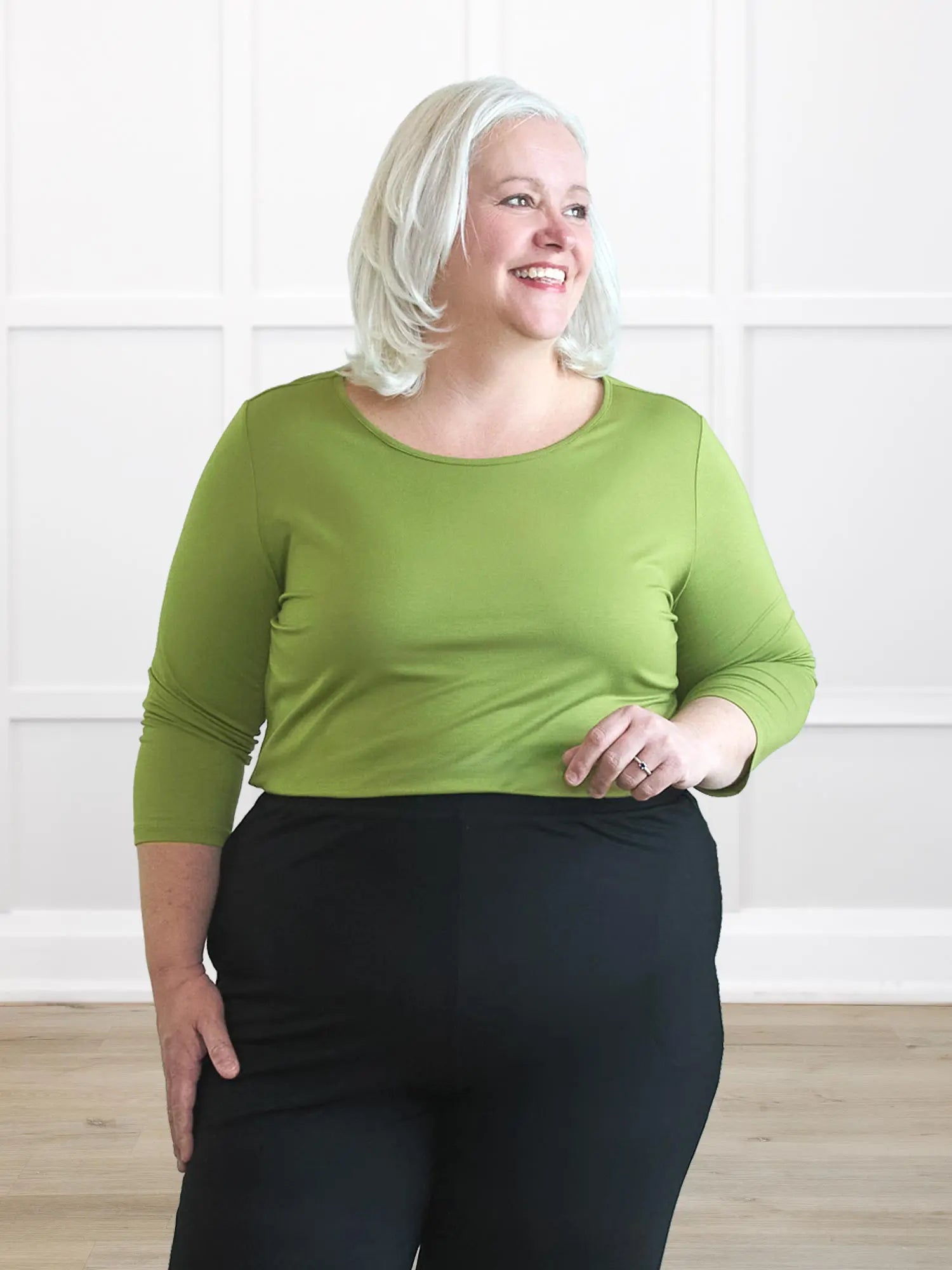 Chris sleeve scoop neck top for women 00 in Moss on model Colleen, size XXL @Colleen-XXL