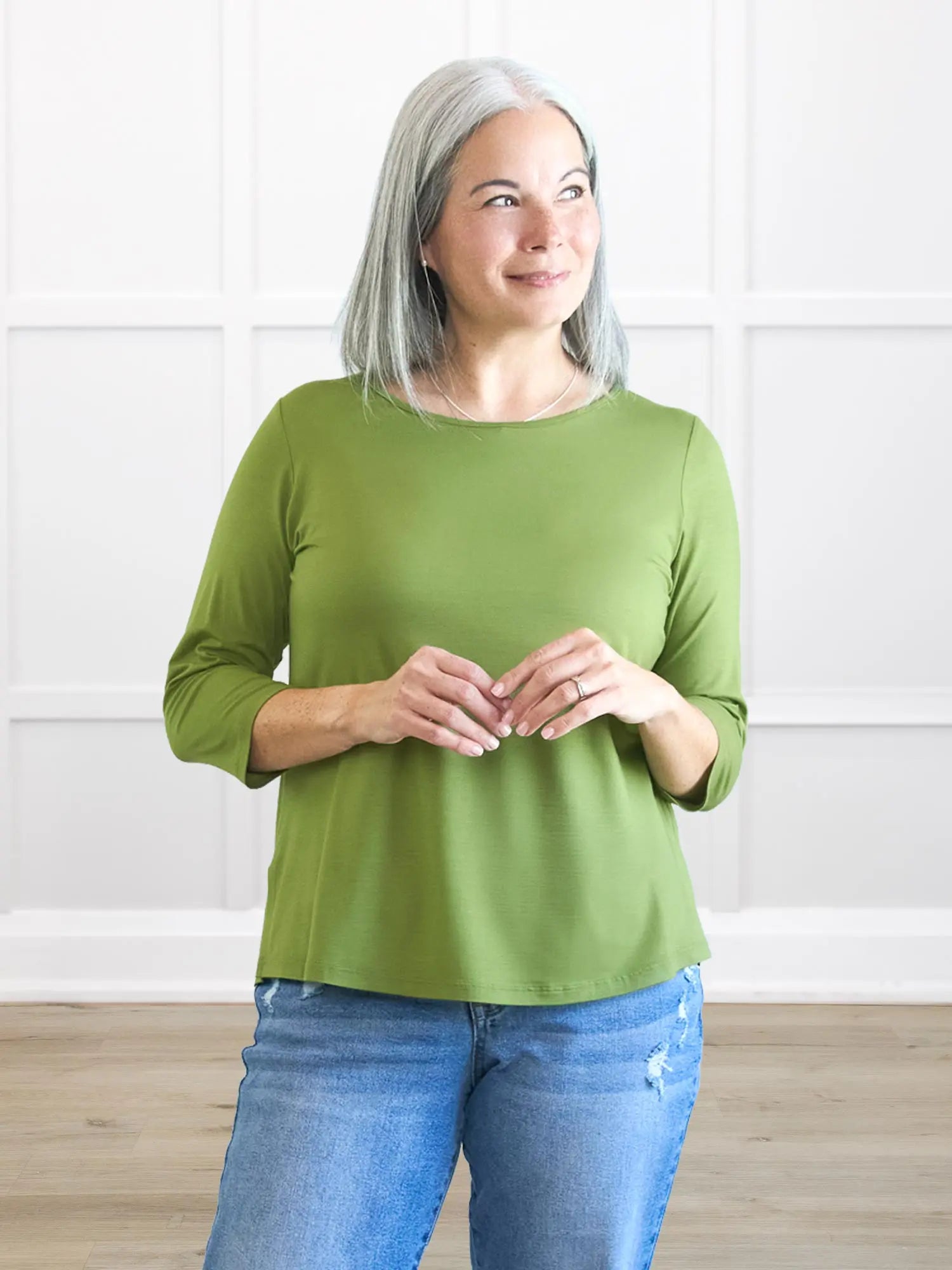 Chris sleeve scoop neck top for women 00 in Moss on model Kerri, size S @Kerri-S