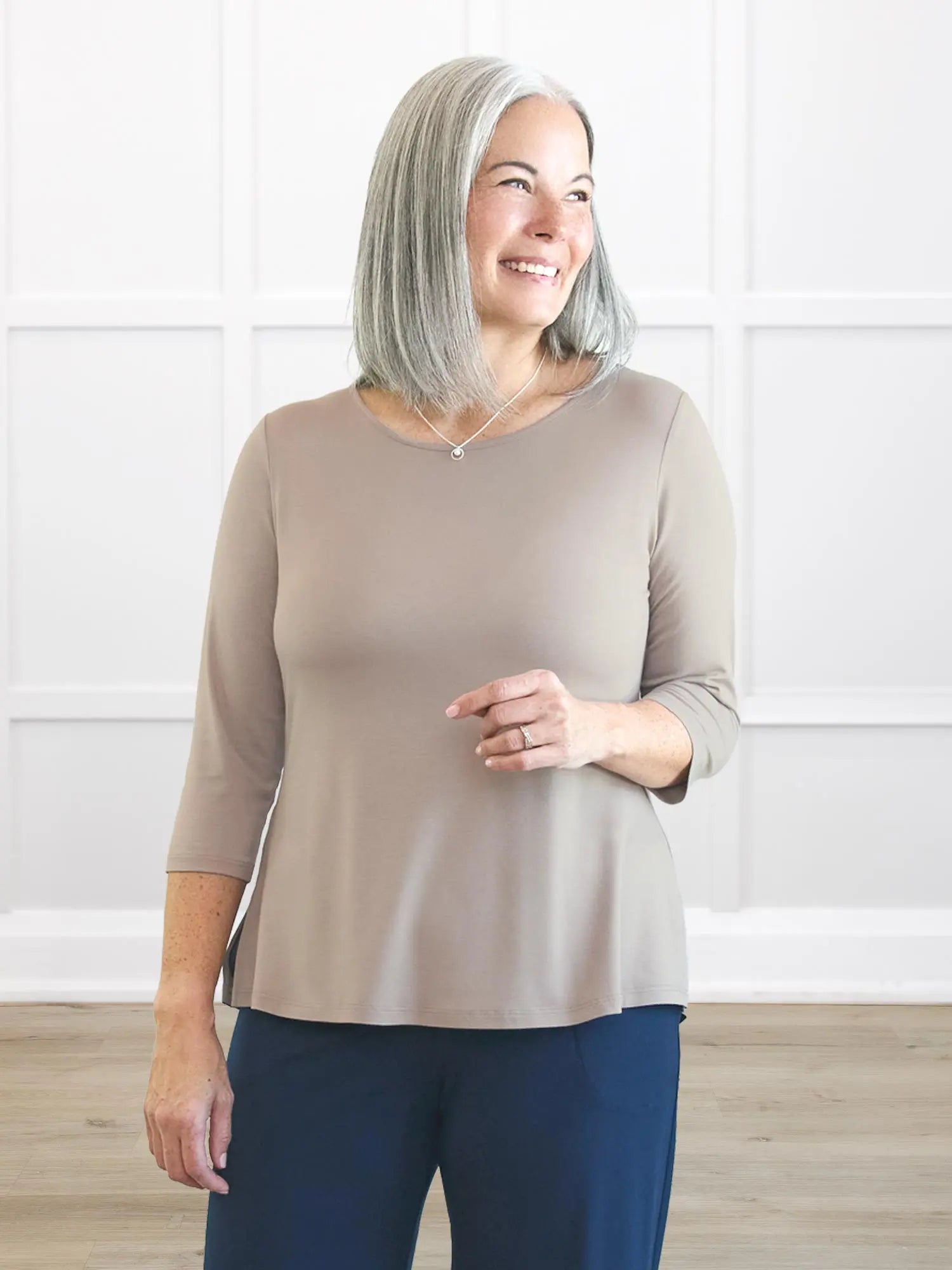 Chris sleeve scoop neck top for women 00 in Portobello on model Kerri, size S @Kerri-S