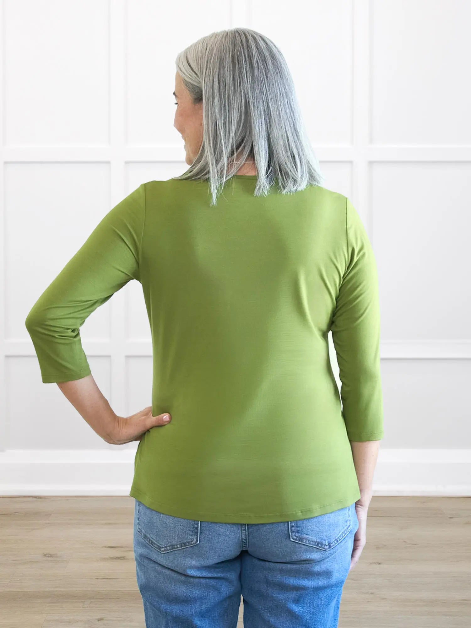 Chris sleeve scoop neck top for women in Moss on model Kerri, size S @Kerri-S