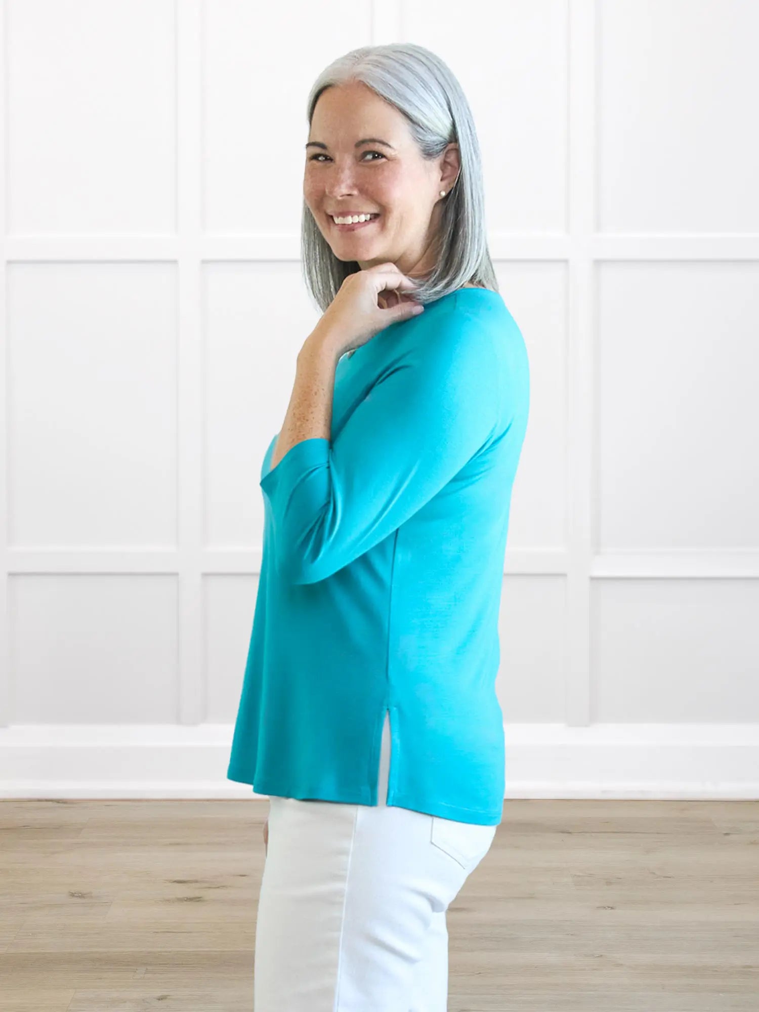 Chris sleeve scoop neck top for women in Sea glass on model Kerri, size S @Kerri-S