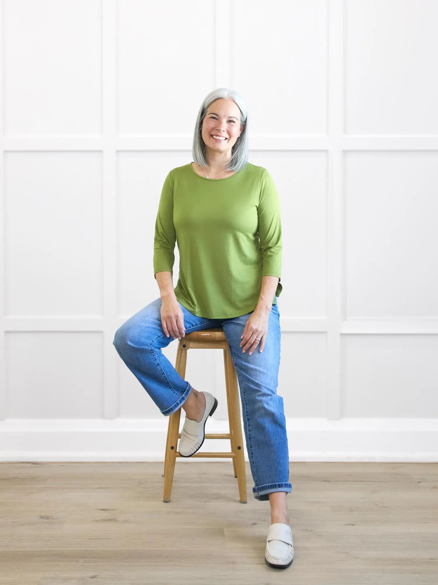 Chris sleeve scoop neck top for women in Moss on model Kerri, size S @Kerri-S