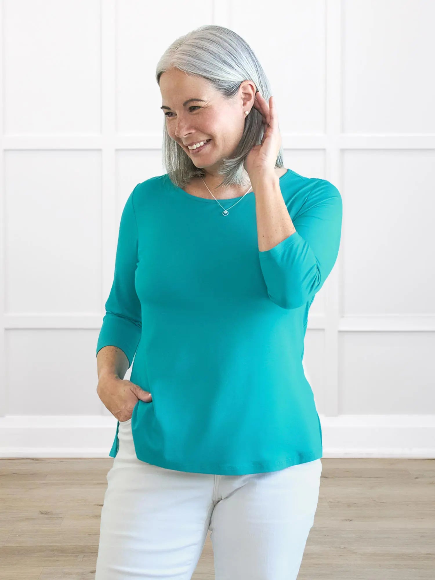 Chris sleeve scoop neck top for women in Sea glass on model Kerri, size S @Kerri-S