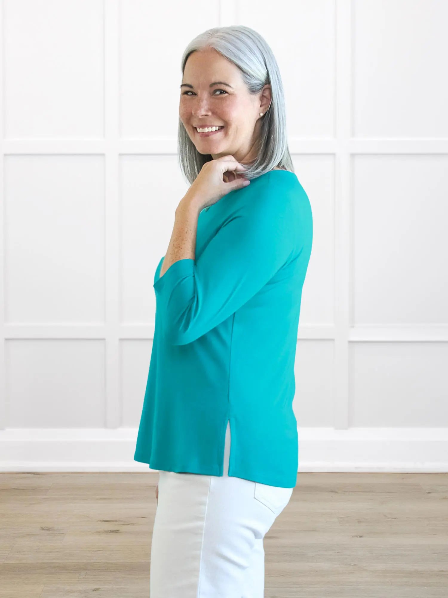 Chris sleeve scoop neck top for women in Sea glass on model Kerri, size S @Kerri-S