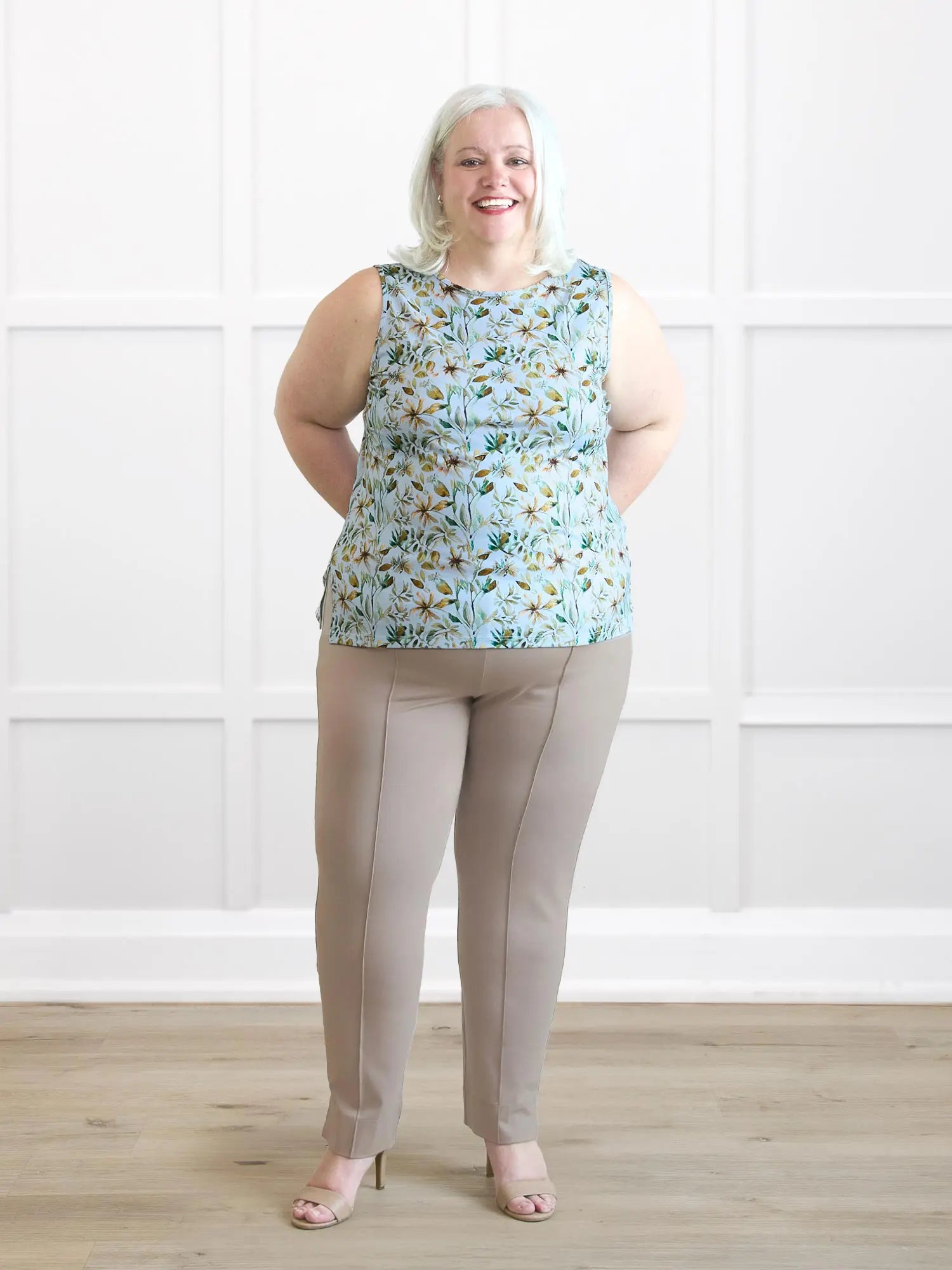 Christal pull on pintuck ankle pant 00 in Portobello on model Colleen, size XXL Petite @Colleen-XXL-petite