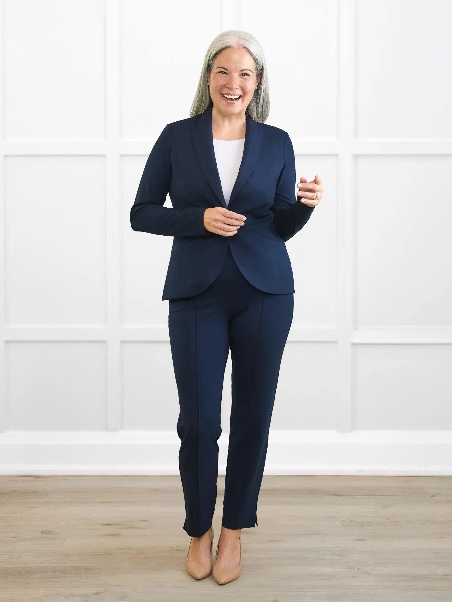 Christal pull on pintuck ankle pant in Navy on model Kerri, size S Regular @Kerri-S-regular