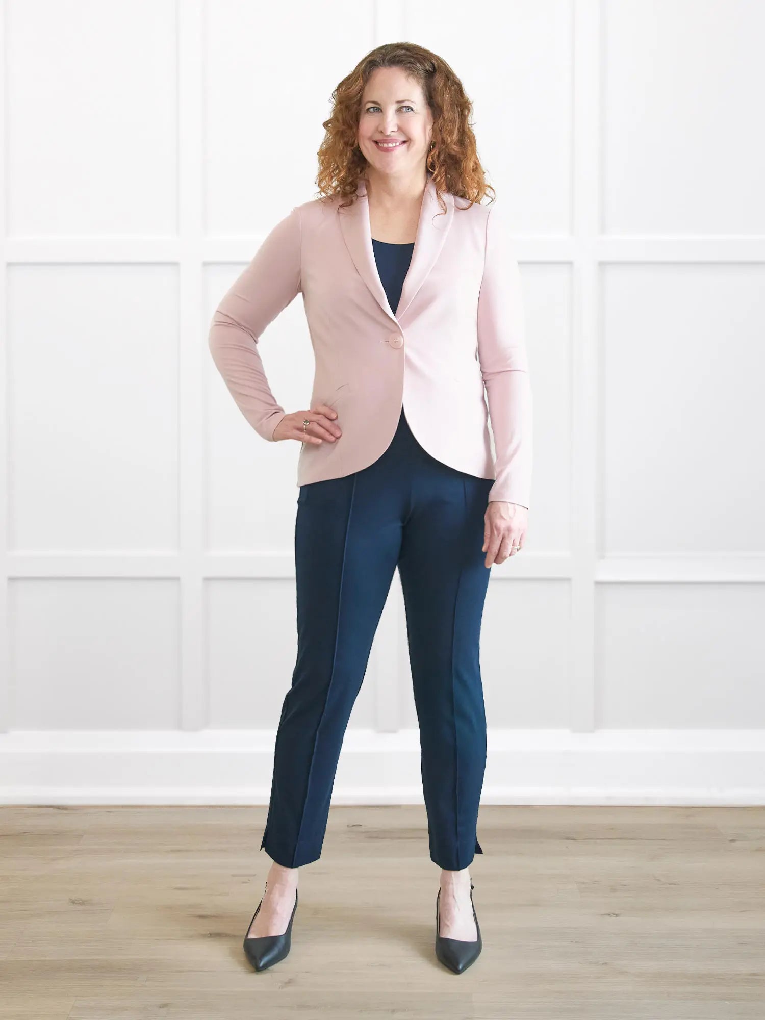 Christal pull on pintuck ankle pant in Navy on model Melanie, size M Regular @Melanie-M-regular