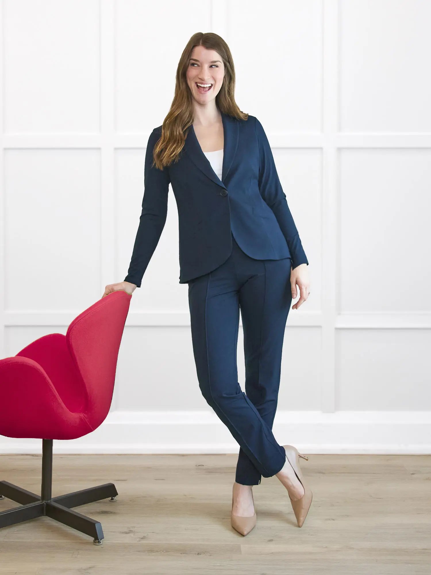 Christal pull on pintuck ankle pant for women in Navy on model Bethany, size S Long @Bethany-S-long