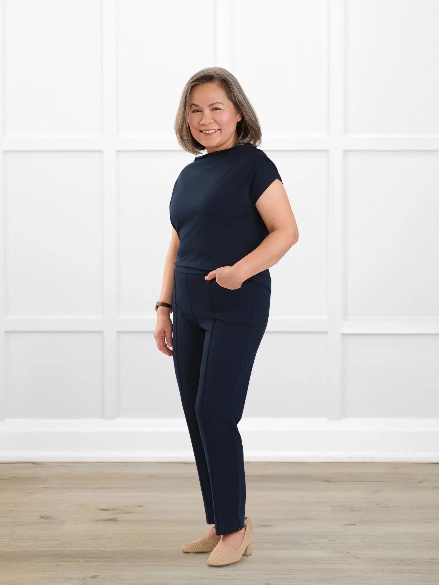 Christal pull on pintuck ankle pant for women in Navy on model Terry, size S Petite @Terry-S-petite