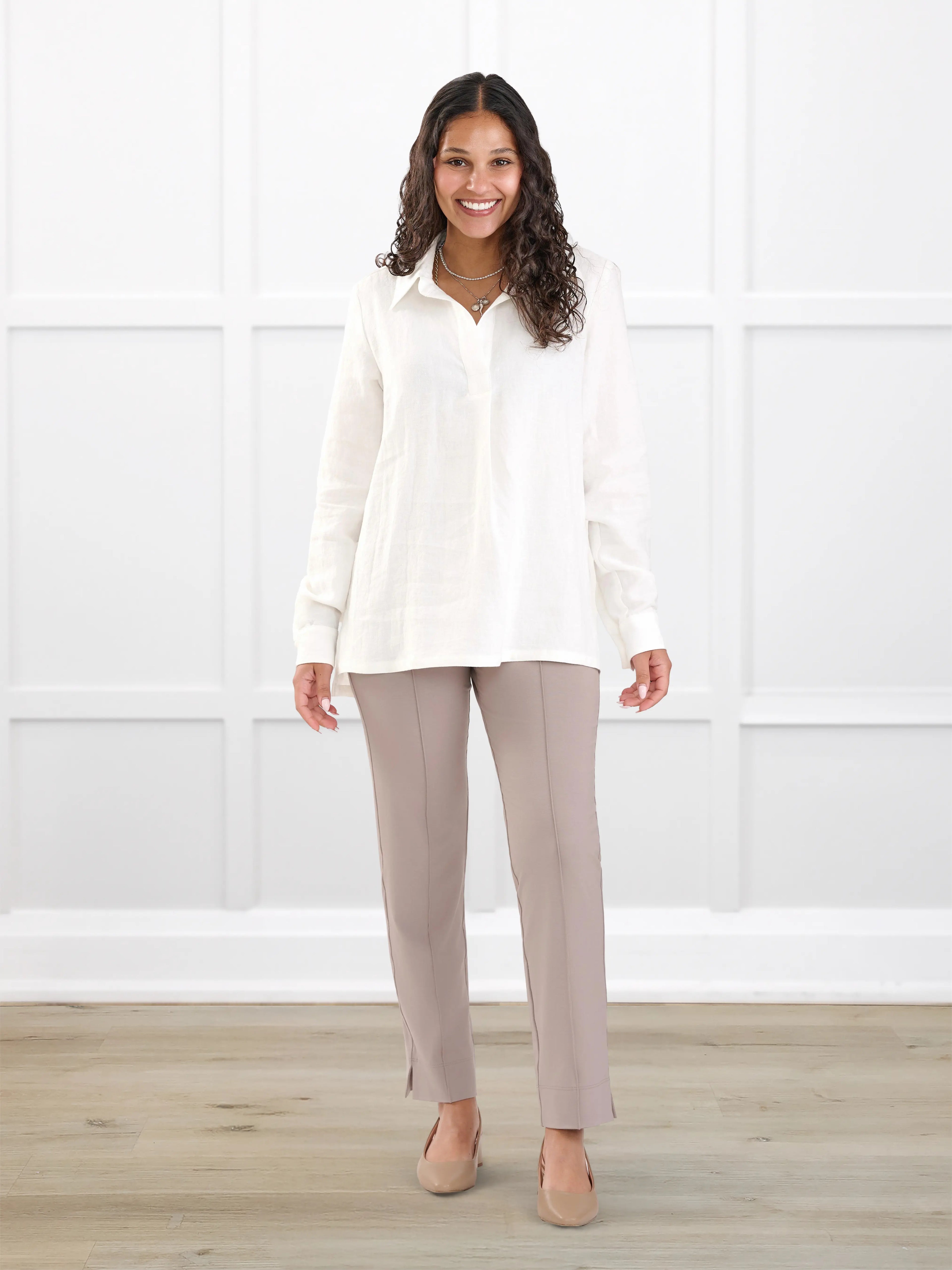 Christal pull on pintuck ankle pant for women in Portobello on model Meron, size XS Regular @Meron-XS-regular