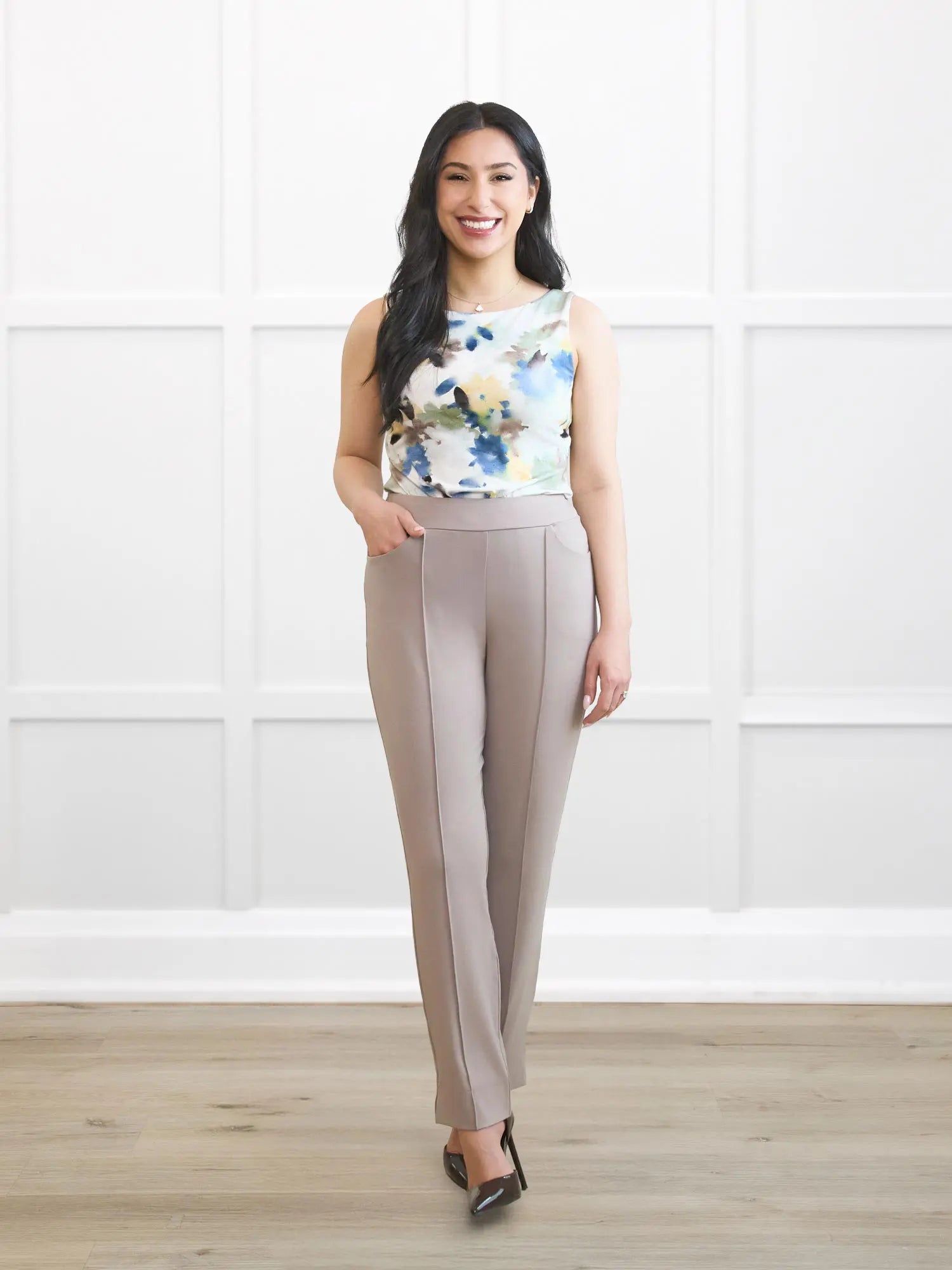 Christal pull on pintuck ankle pant for women in Portobello on model Yasmine, size XS Petite @Yasmine-XS-petite