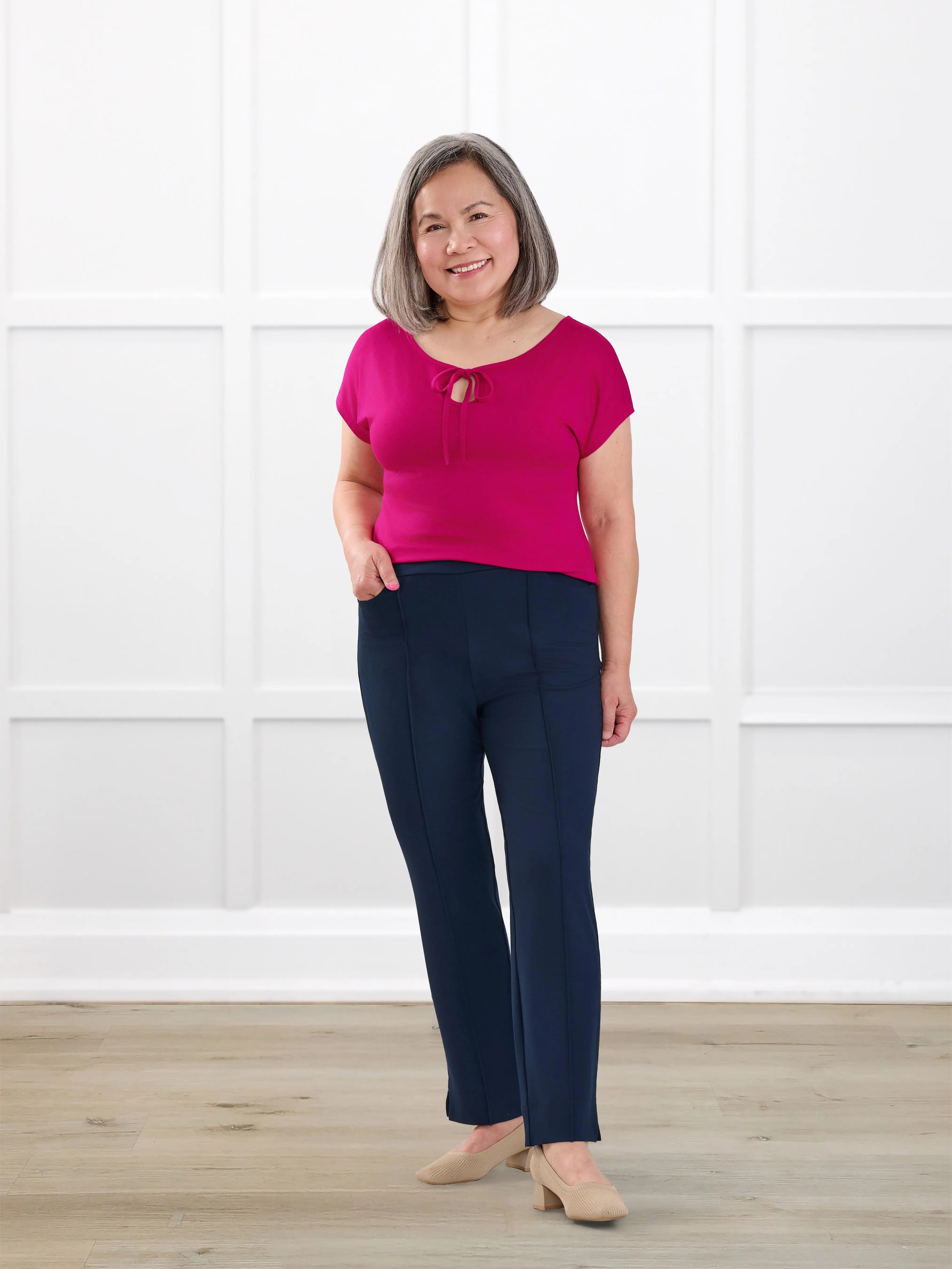 Christal pull on pintuck ankle pant in Navy on model Terry, size S Petite @Terry-S-petite