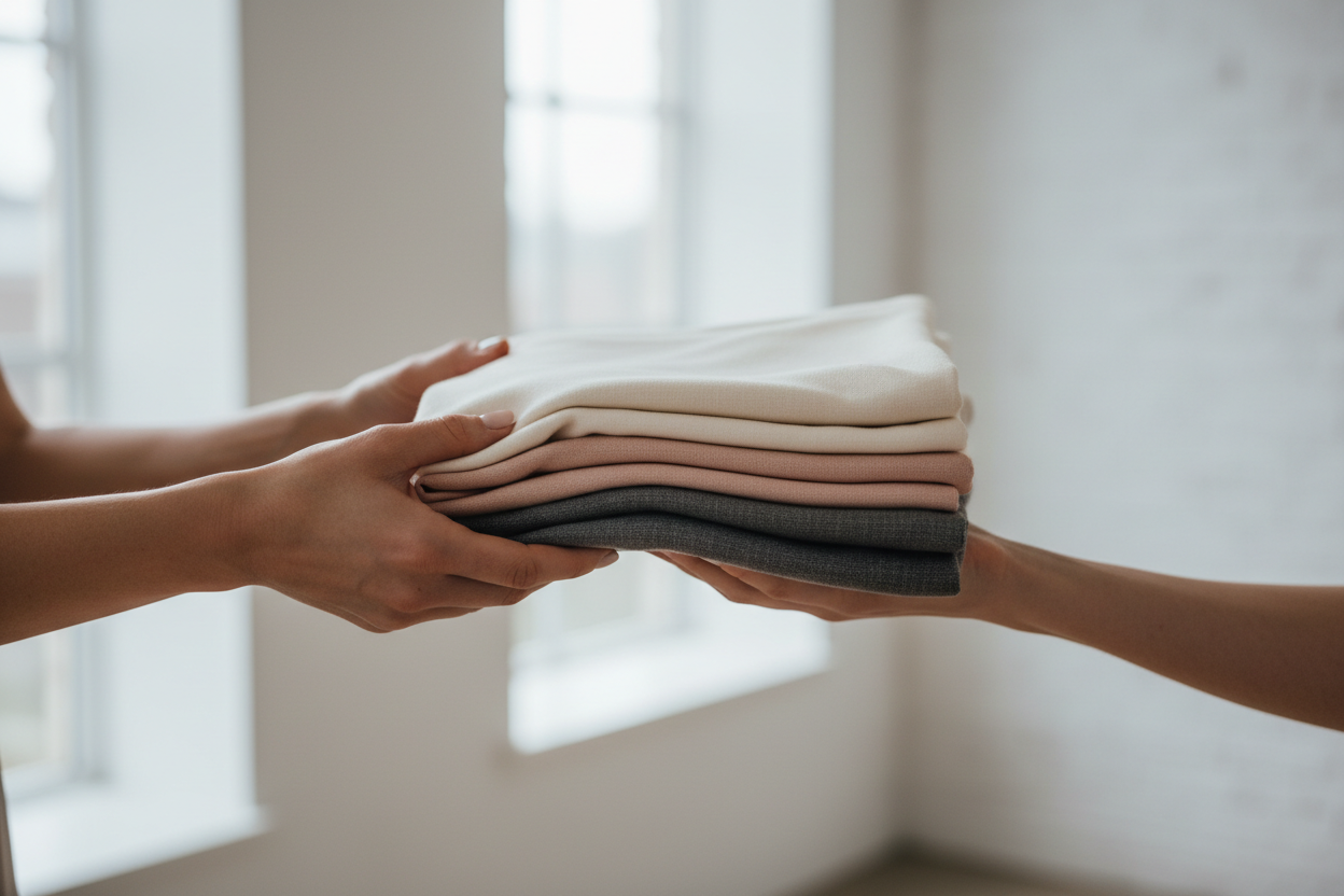 Two hands exchanging a stack of folded clothes in a softly lit room.