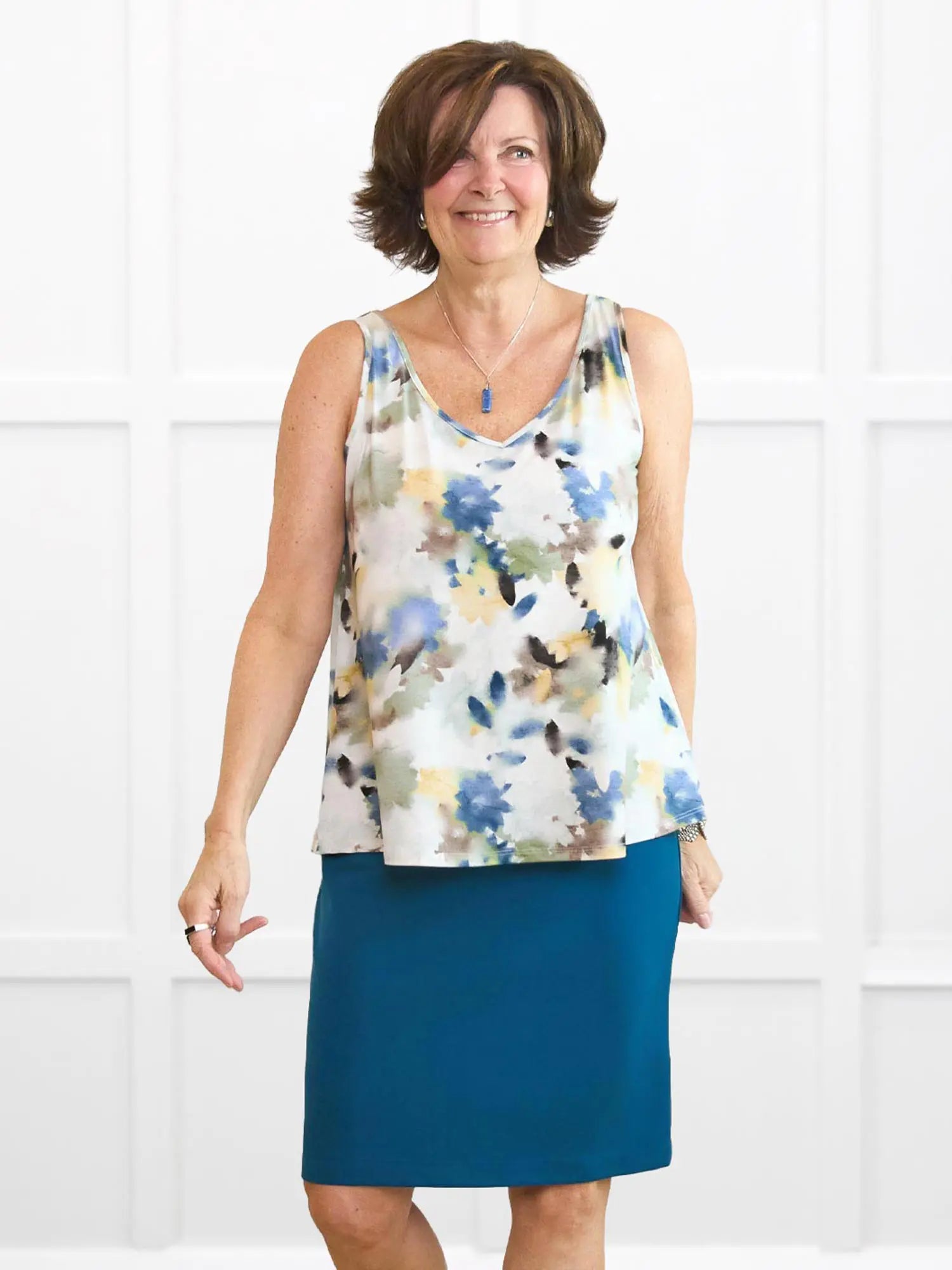 Codi reversible neckline flowy tank for women in Morning dew on model Donna, size S Regular @Donna-S-regular