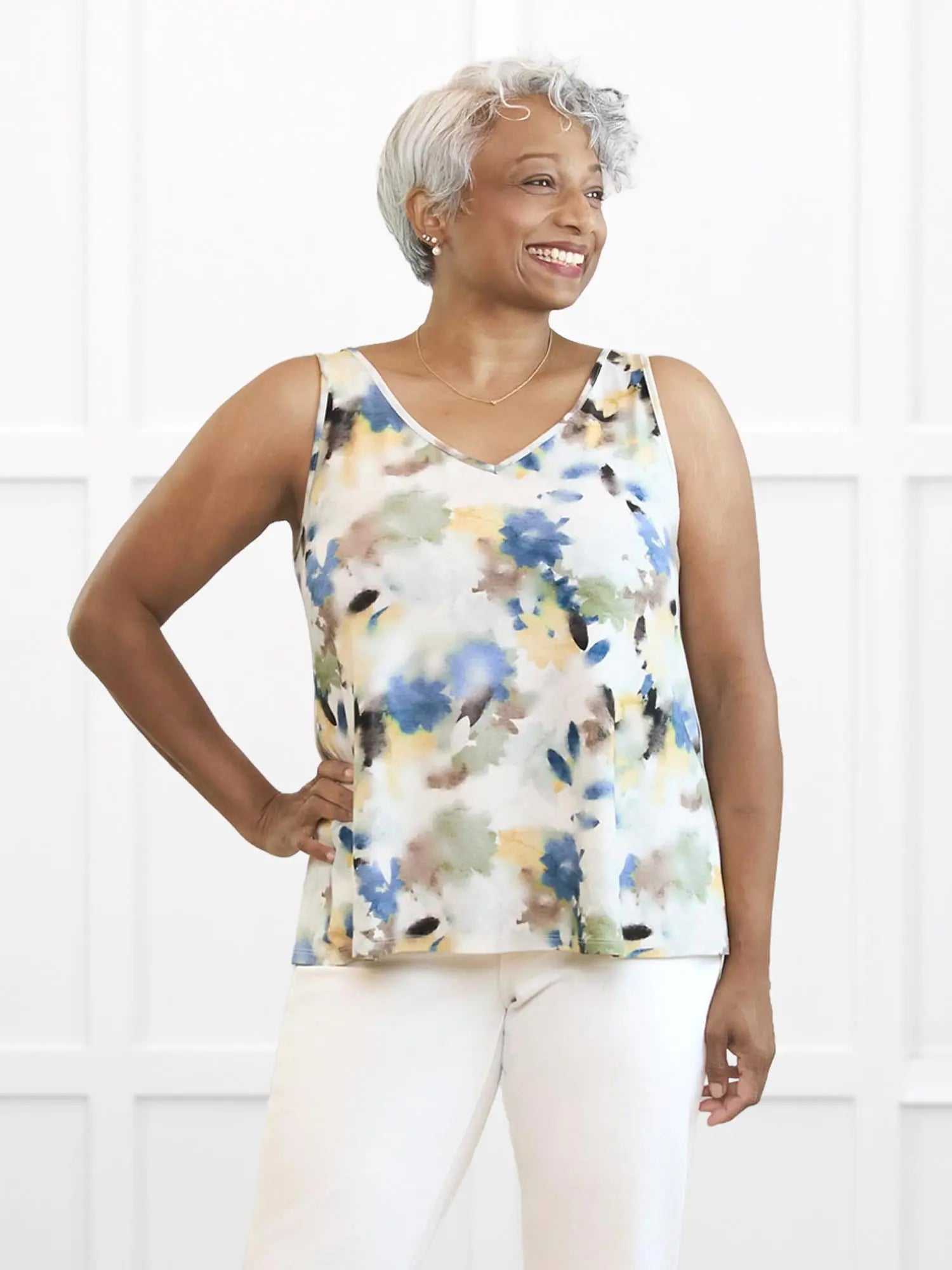 Codi reversible neckline flowy tank for women 00 in Morning dew on model Keethai, size M @Keethai-M-regular