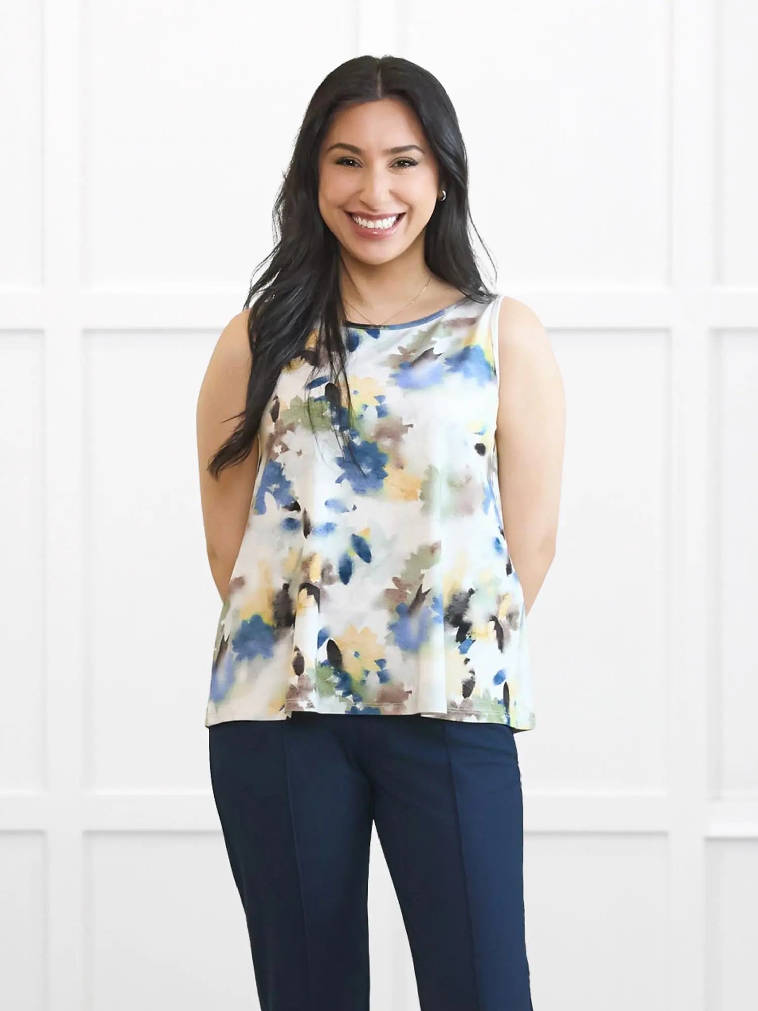 Codi reversible neckline flowy tank for women 00 in Morning dew on model Yasmine, size XS @Yasmine-XS-petite