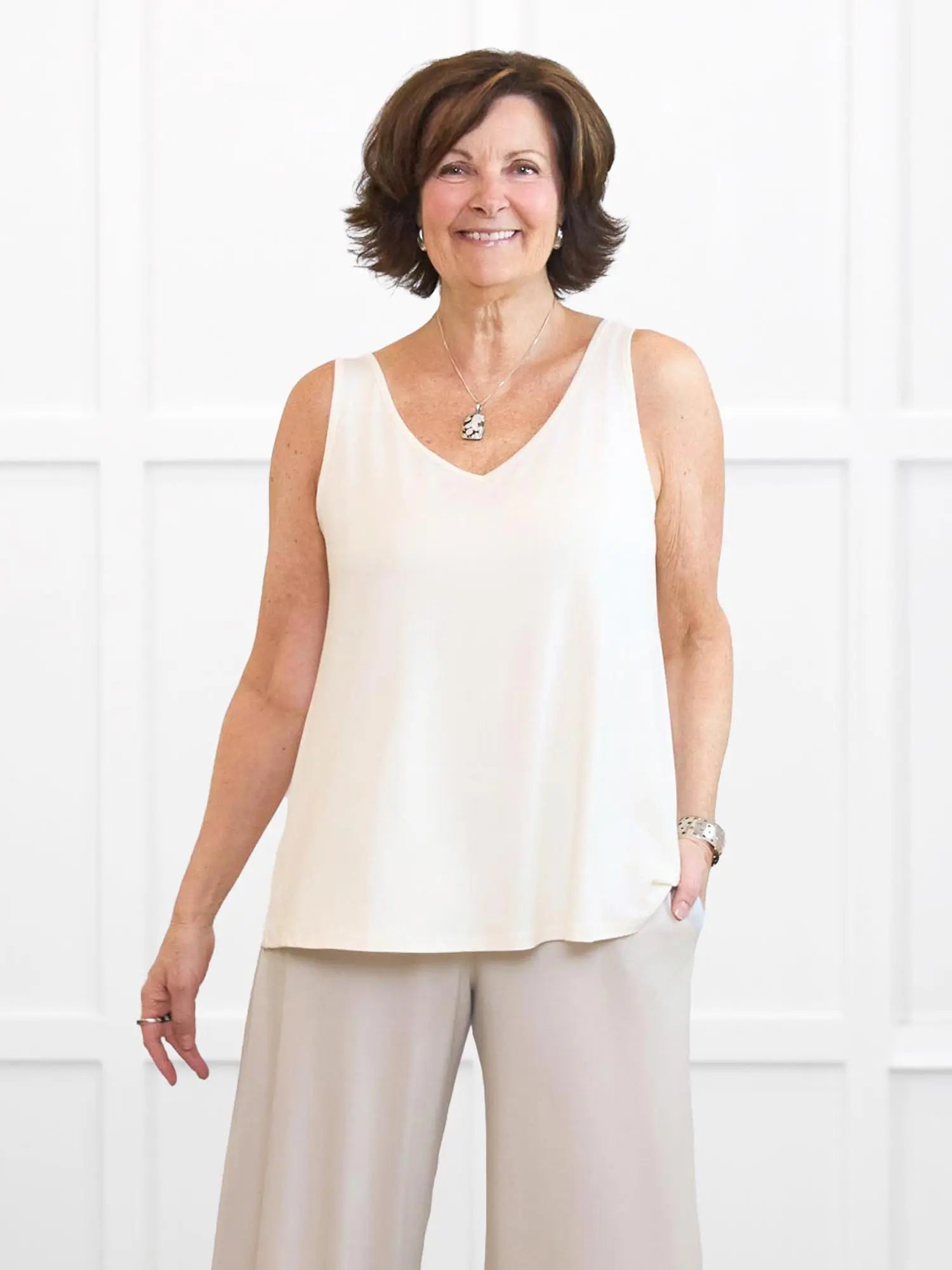 Codi reversible neckline flowy tank for women in Natural on model Donna, size S @Donna-S