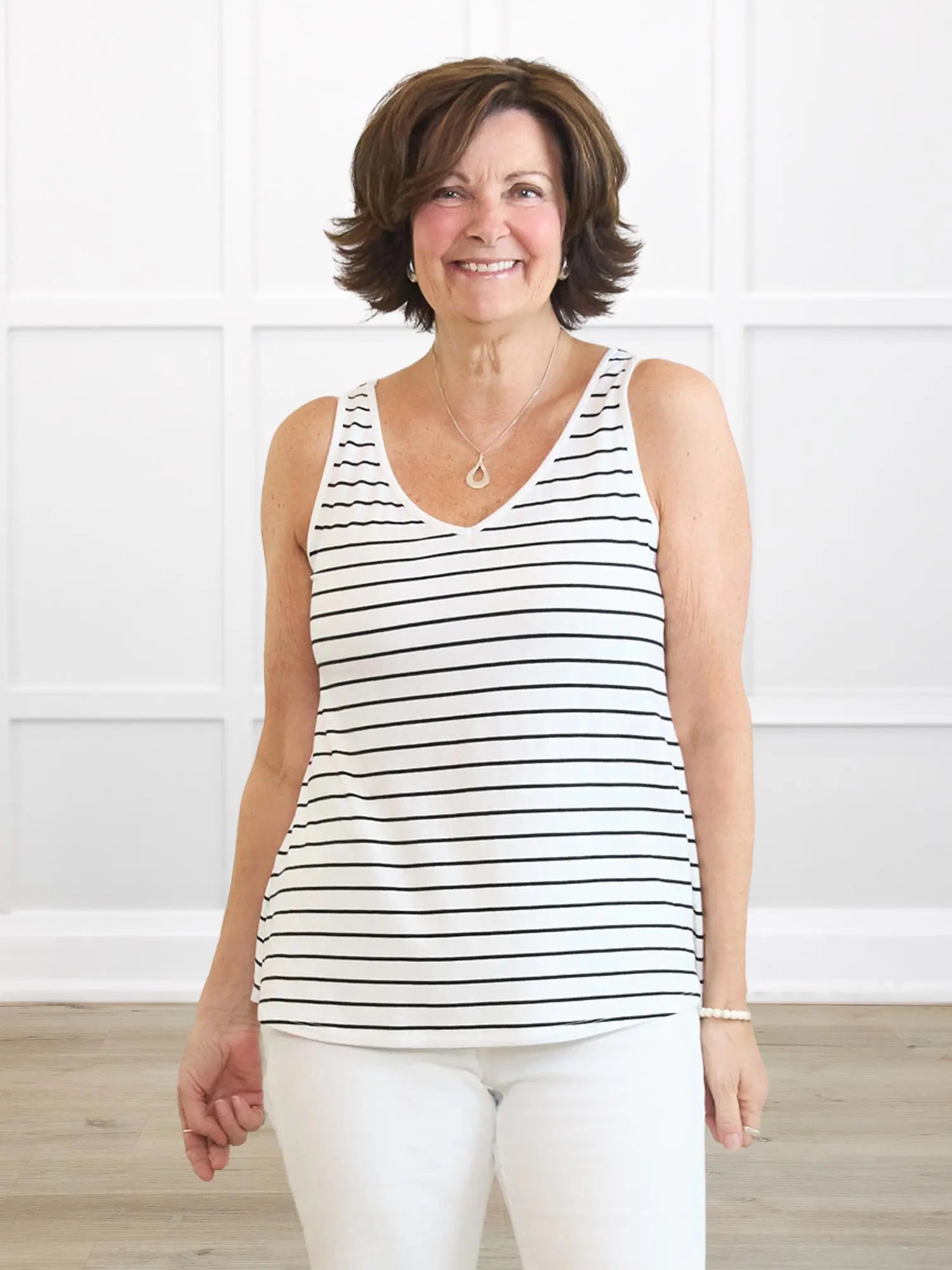 Codi reversible neckline flowy tank for women 00 in Newport stripe on model Donna, size S @Donna-S-regular
