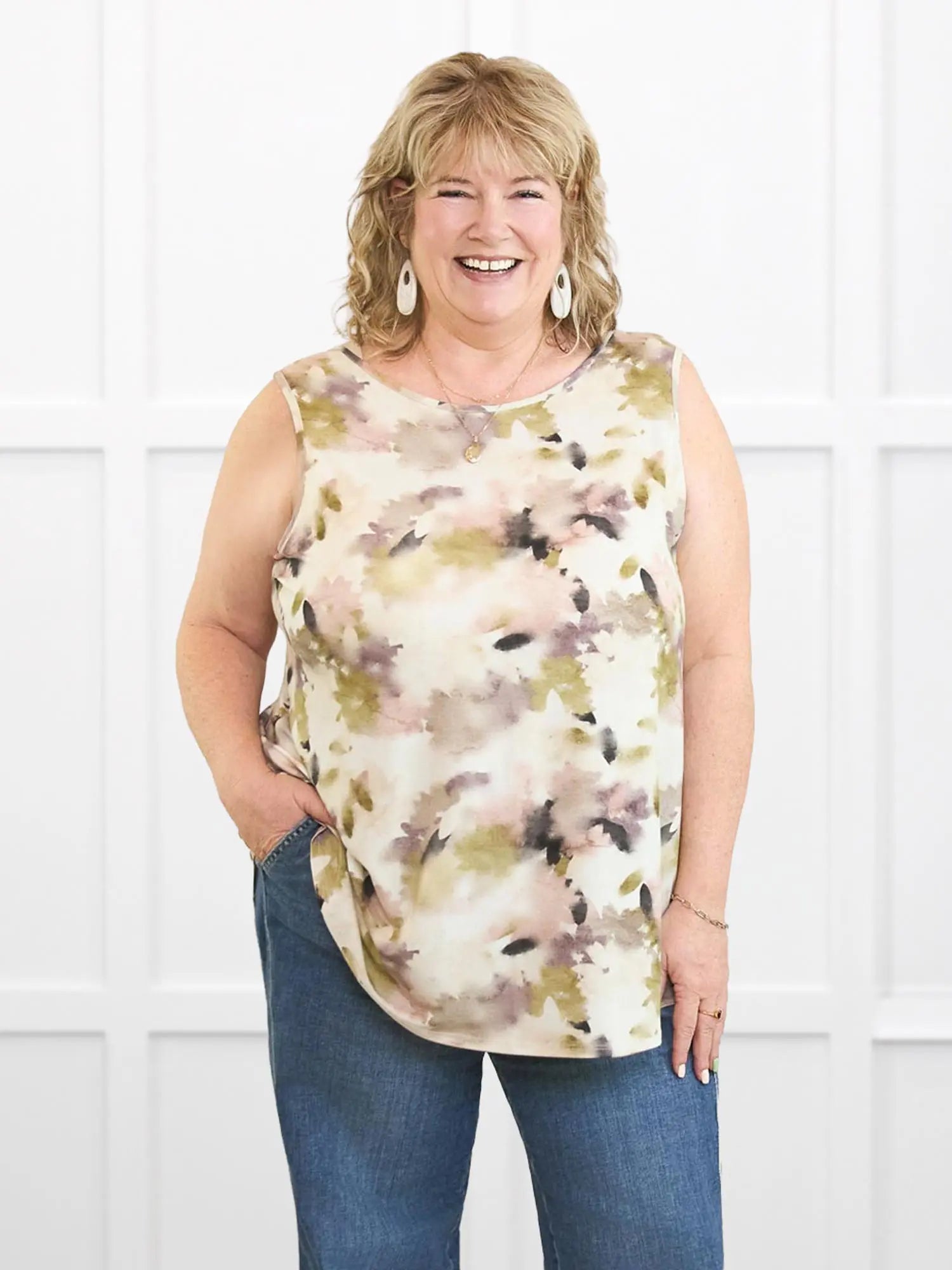 Codi reversible neckline flowy tank for women in Rosewater on model Kelly, size 3X @Kelly-3X