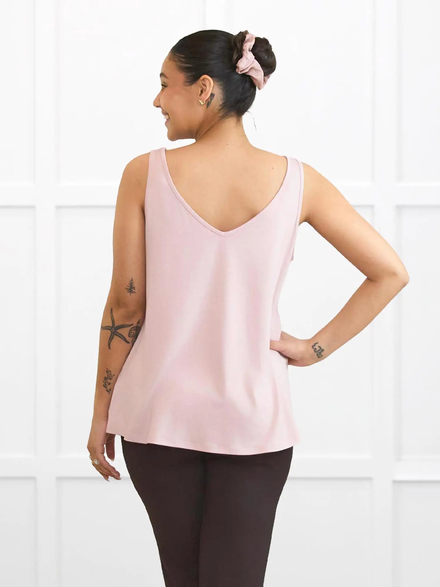 Codi reversible neckline flowy tank for women in Ballet pink on model Meron, size XS Regular @Meron-XS-regular