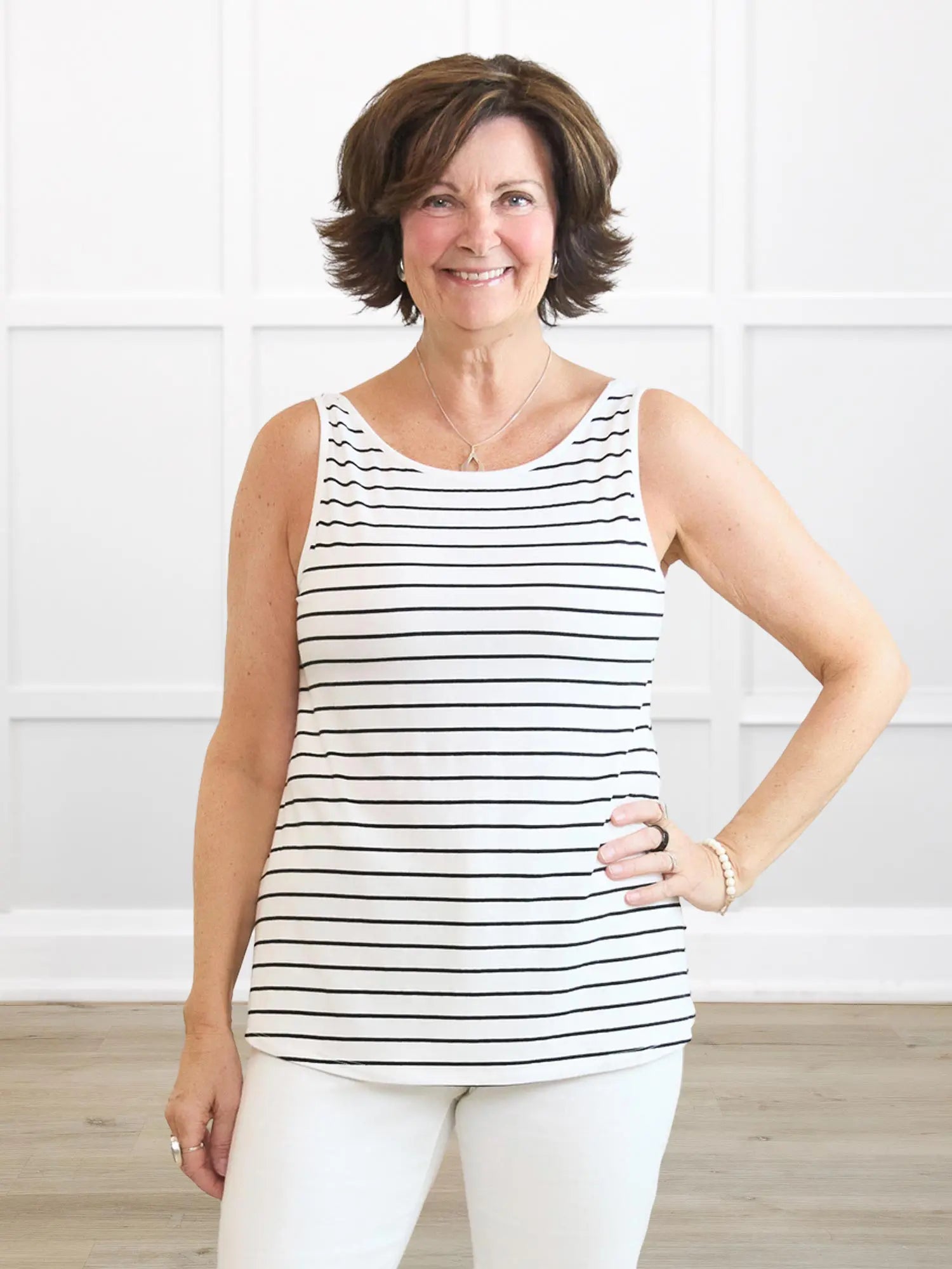 Codi reversible neckline flowy tank for women in Newport stripe on model Donna, size S @Donna-S-regular