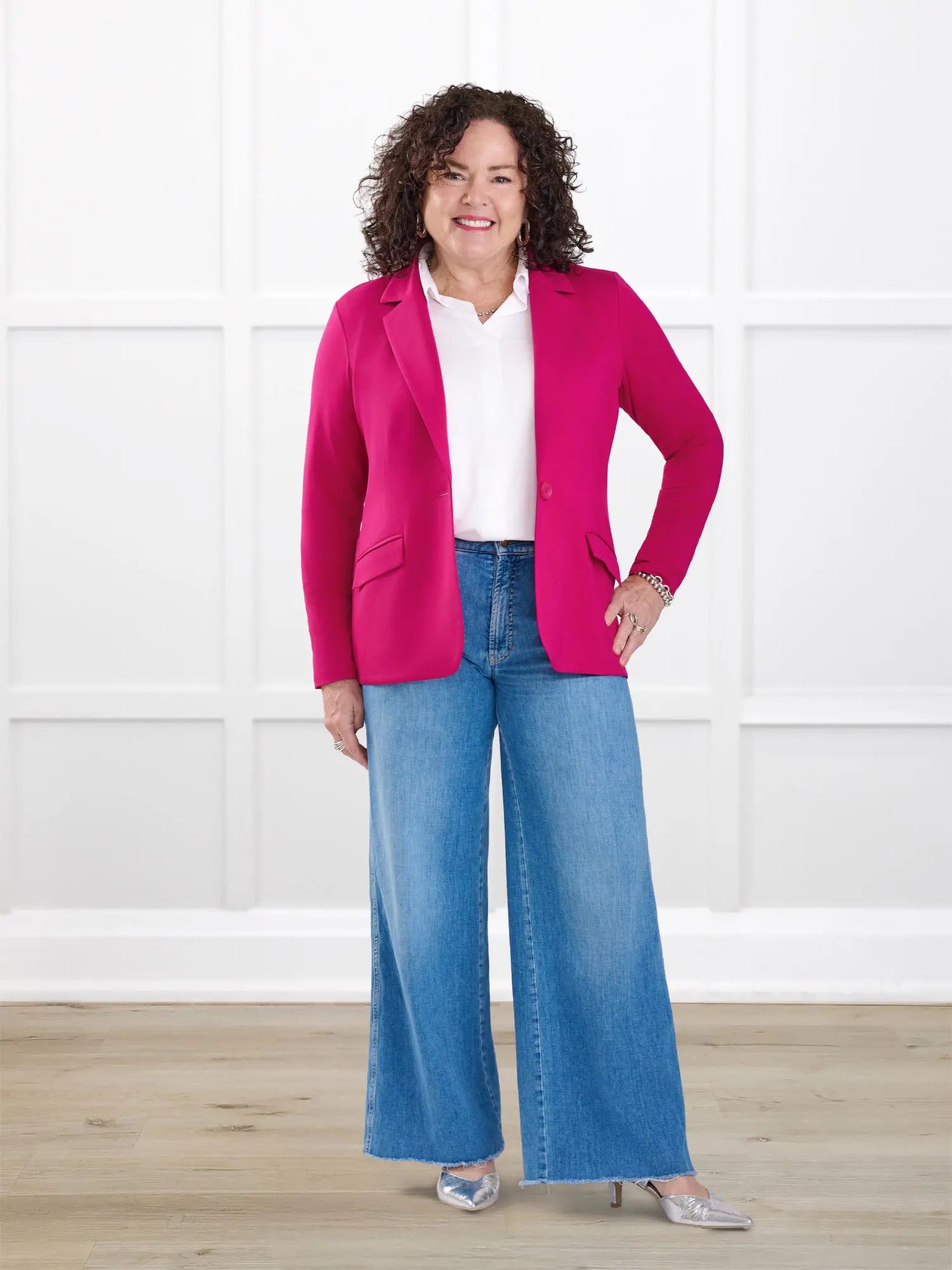 Danica lightweight tailored blazer for women in Dragon fruit on model Kerri, size M Petite @Kerri-M-petite