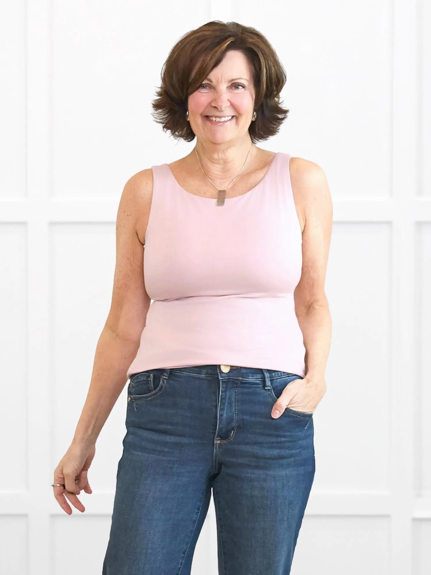 Darla boatneck tank top for women in Ballet pink on model Donna, size S @Donna-S