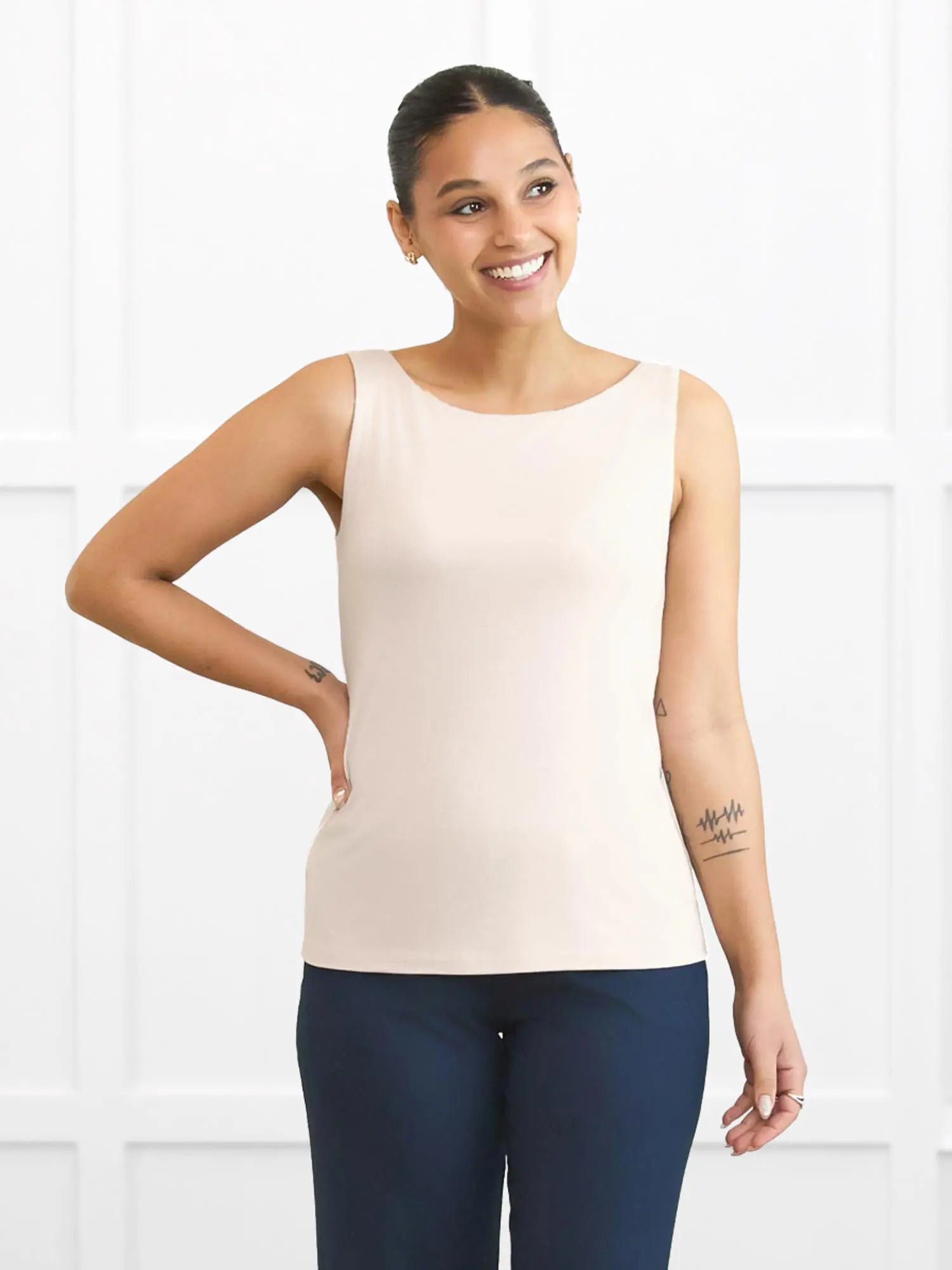 Darla boatneck tank top for women in Sandstone on model Meron, size XS @Meron-XS