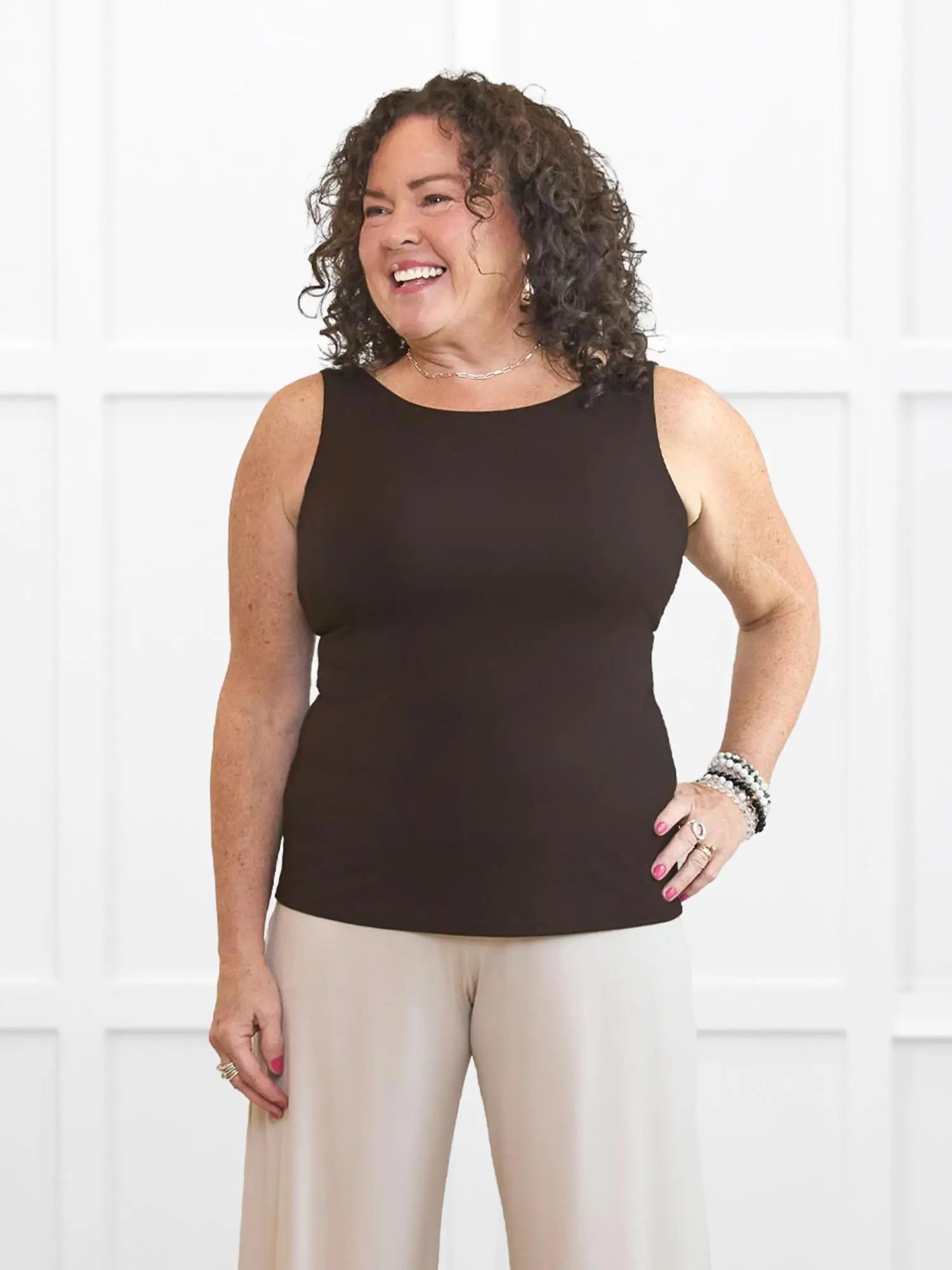 Darla boatneck tank top for women in Dark chocolate on model Kerri, size M @Kerri-M